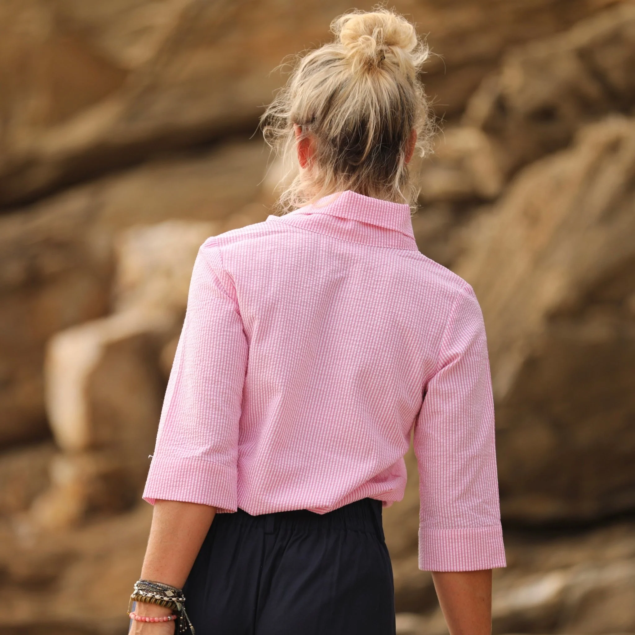 Blouse Catherine en seersucker de coton rose/blanc - Image 3