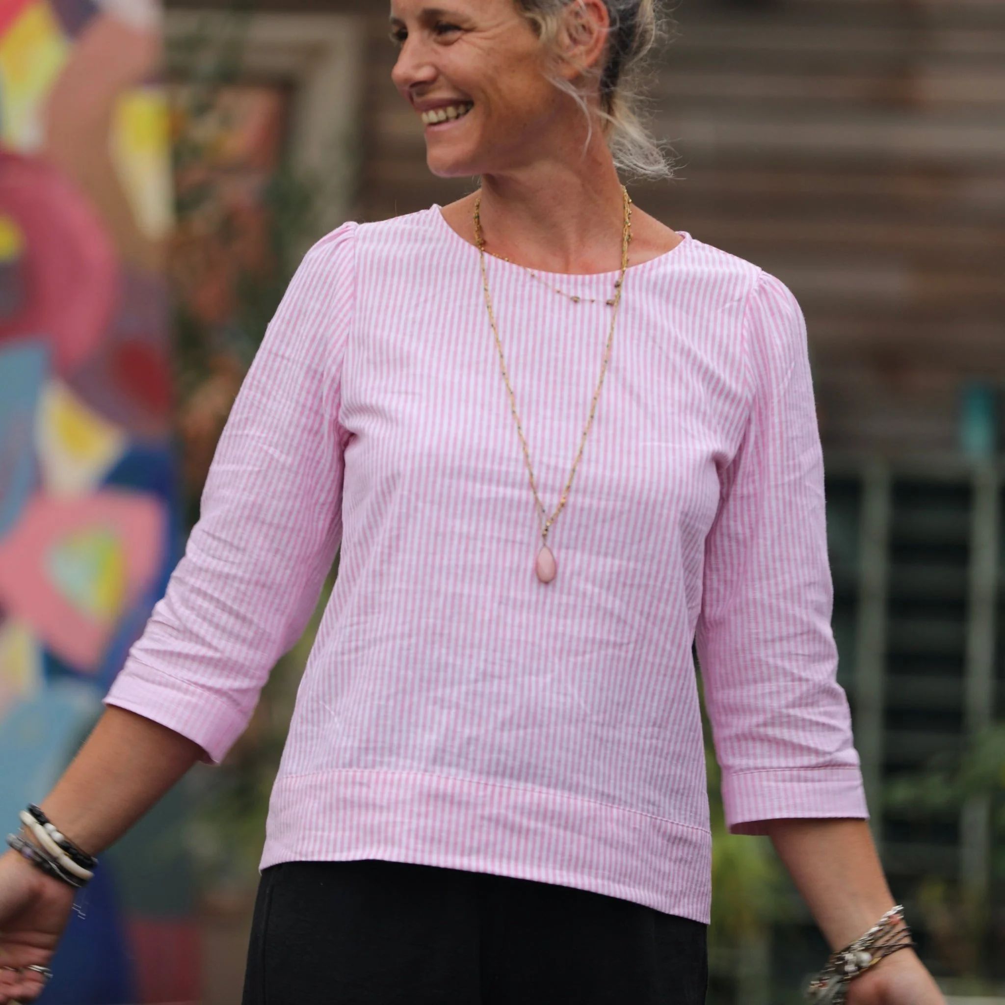 Blouse Eulalie col rond - manches 3/4 - rayure lin/coton rose-blanche
