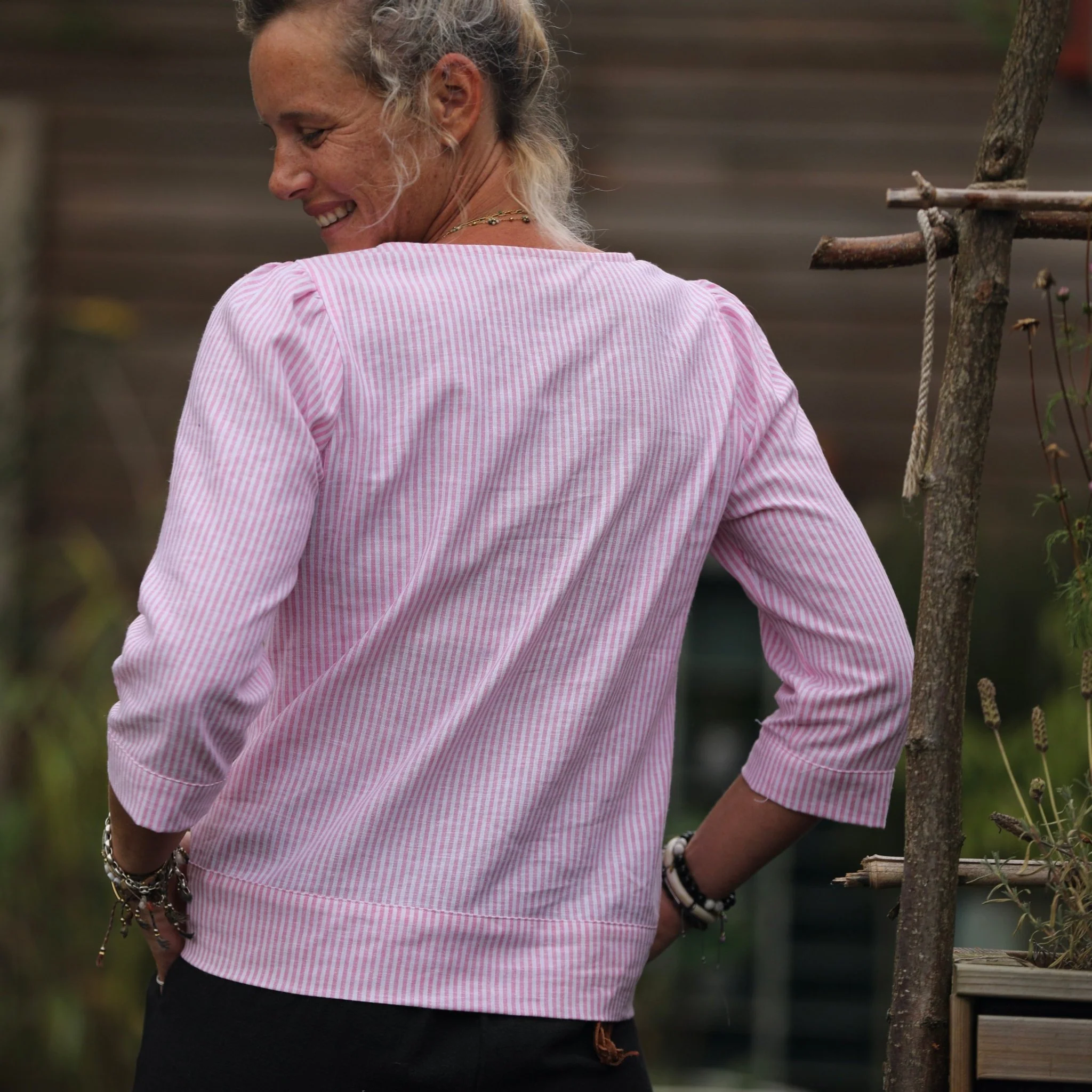 Blouse Eulalie col rond - manches 3/4 - rayure lin/coton rose-blanche - Image 2