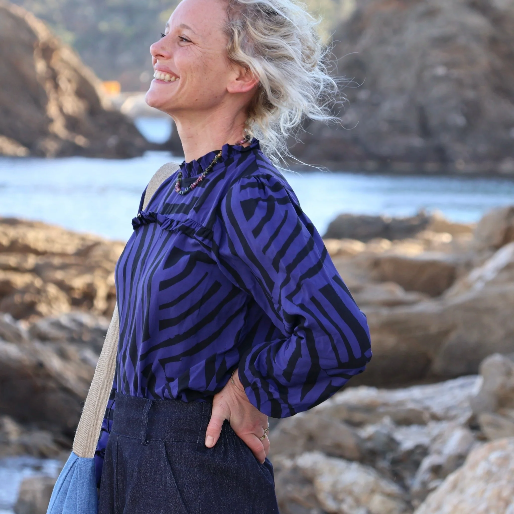 Blouse Léa - viscose géométrique indigo