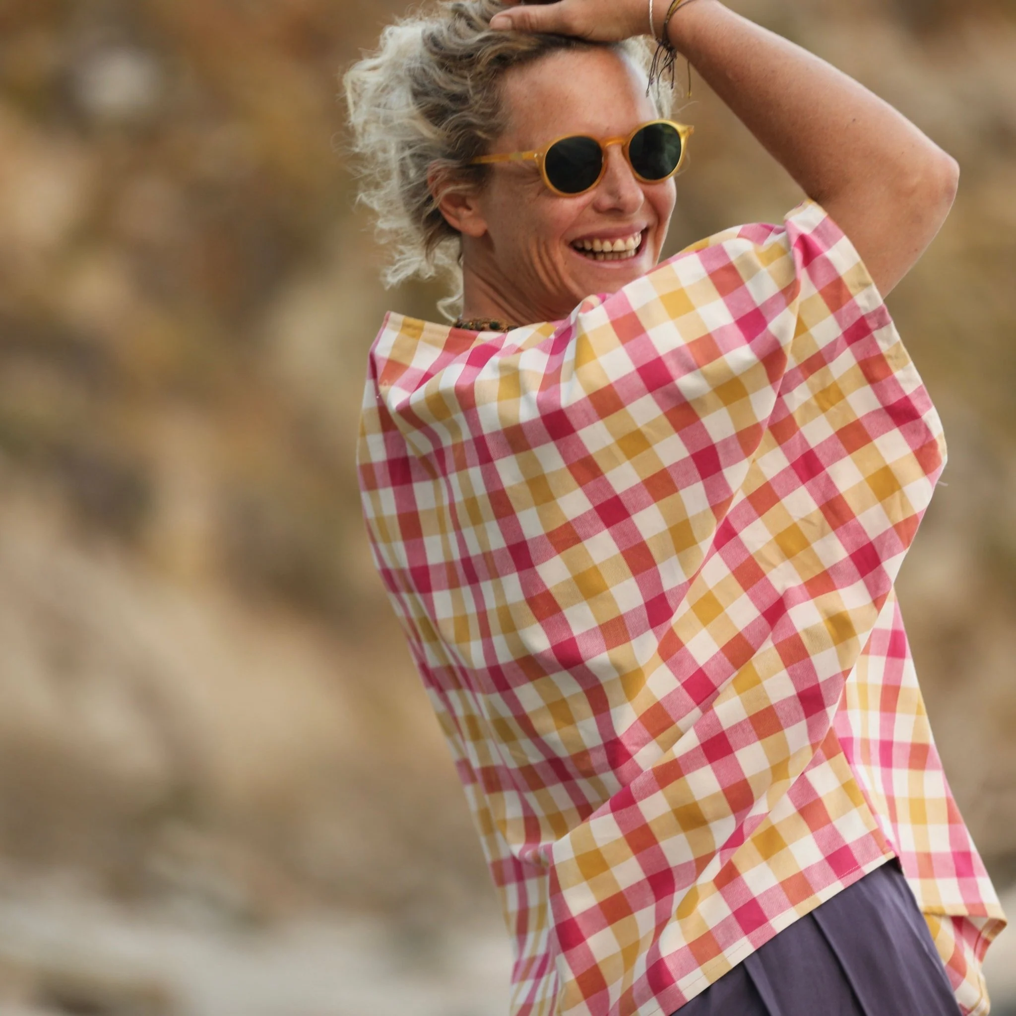 Blouse Yoko - coton carreaux fushia/ocre - Image 3