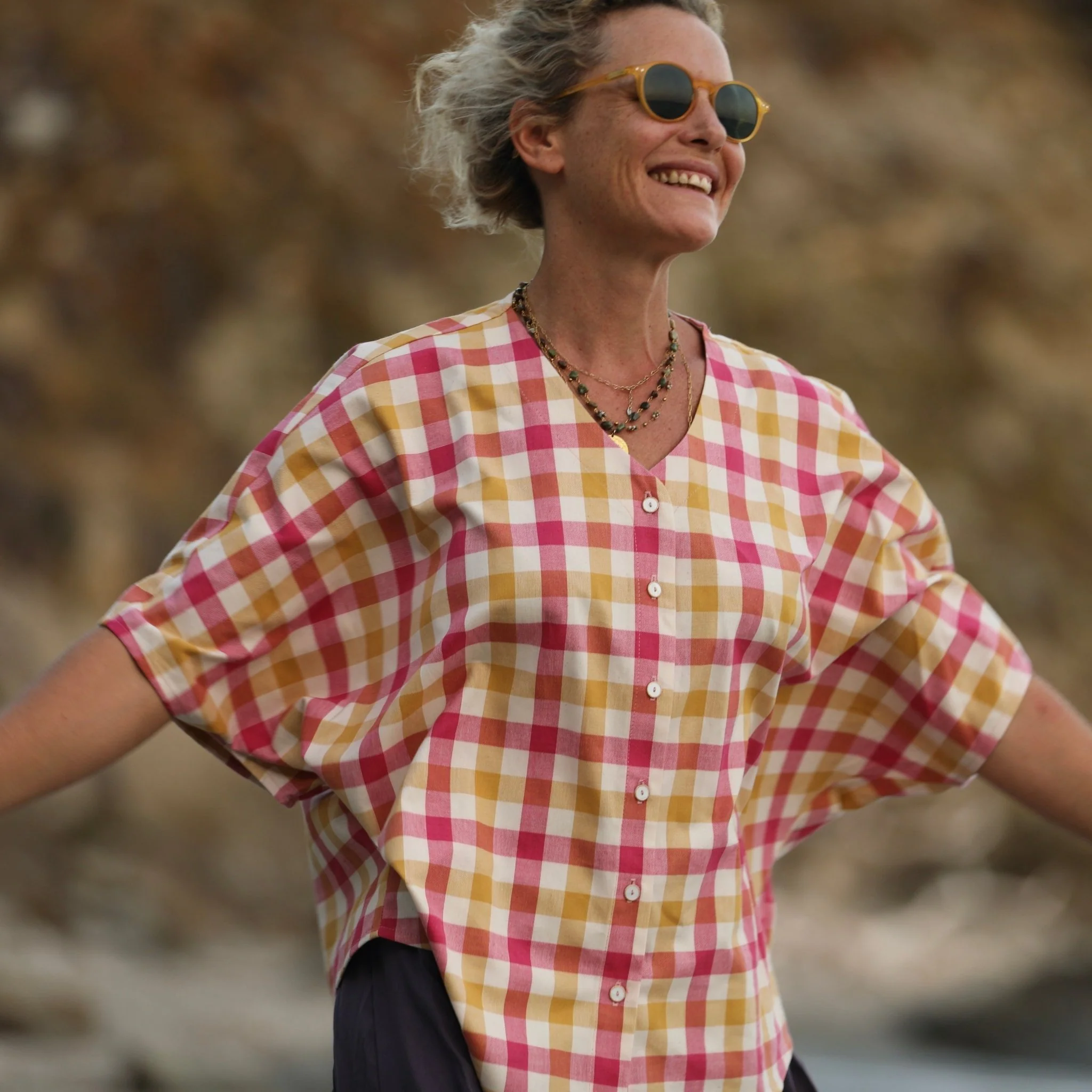 Blouse Yoko - coton carreaux fushia/ocre - Image 4