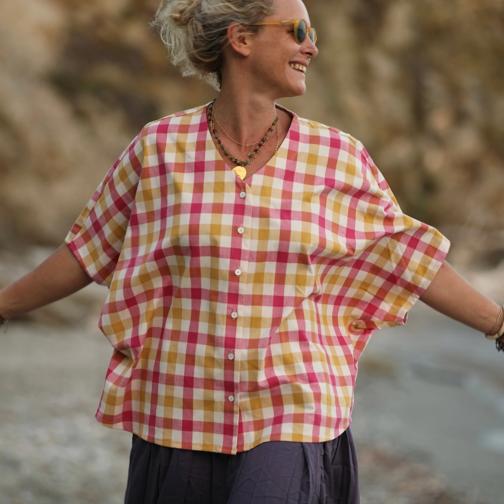 Blouse Yoko - coton carreaux fushia/ocre - Image 6