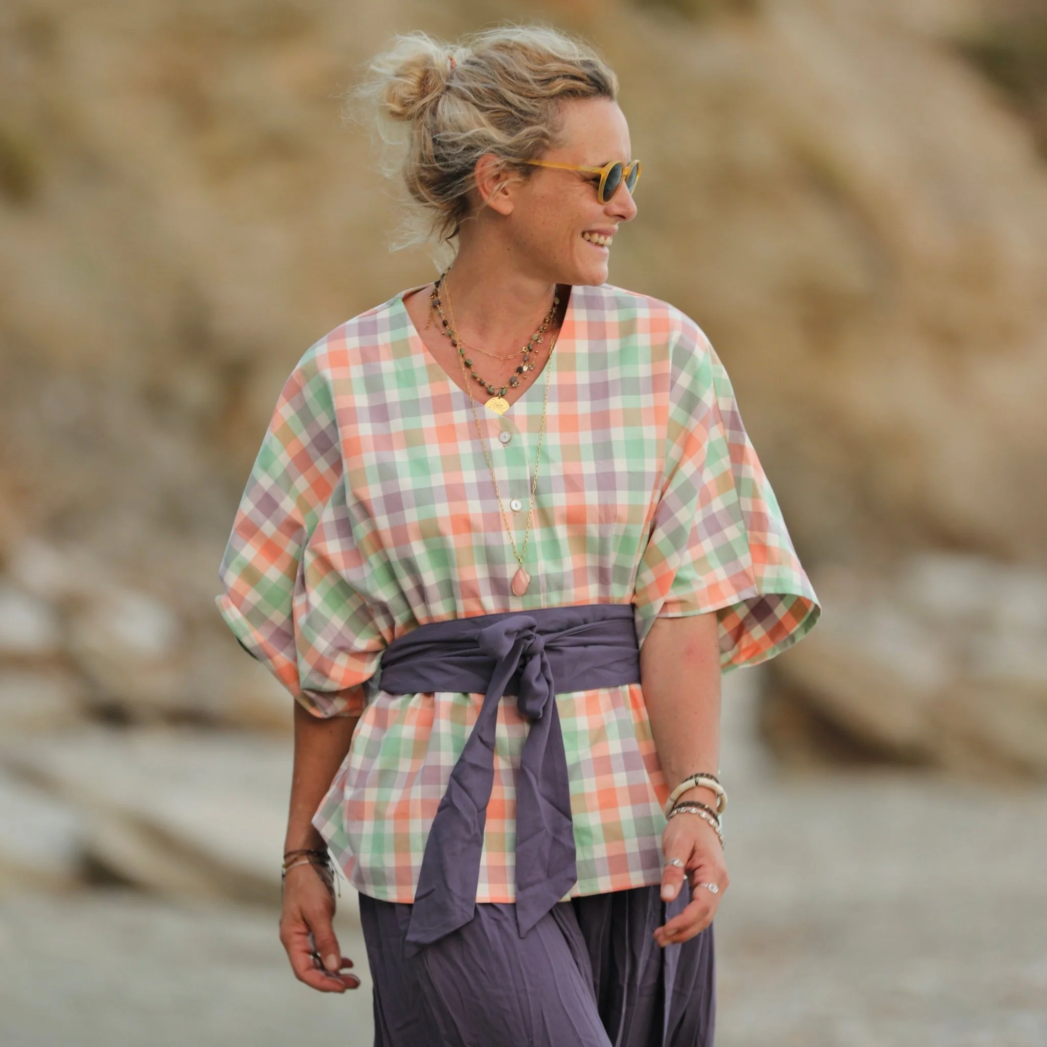 Blouse Yoko - coton carreaux lavande/orange/citron vert - Image 3