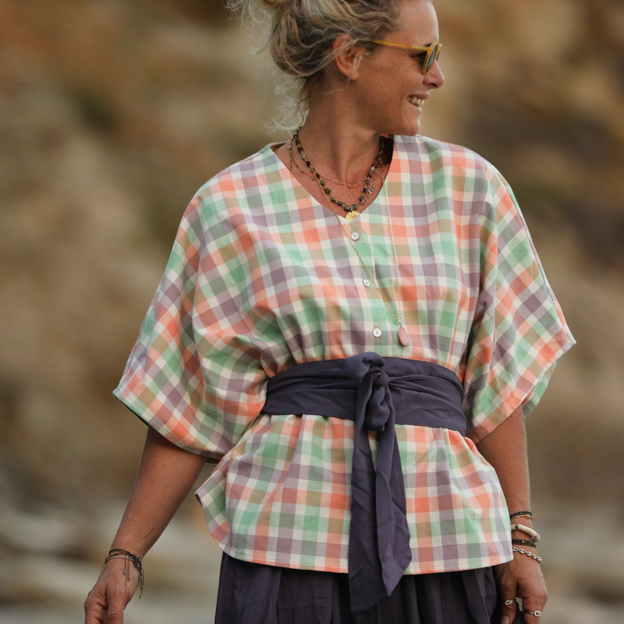 Blouse Yoko - coton carreaux lavande/orange/citron vert - Image 8