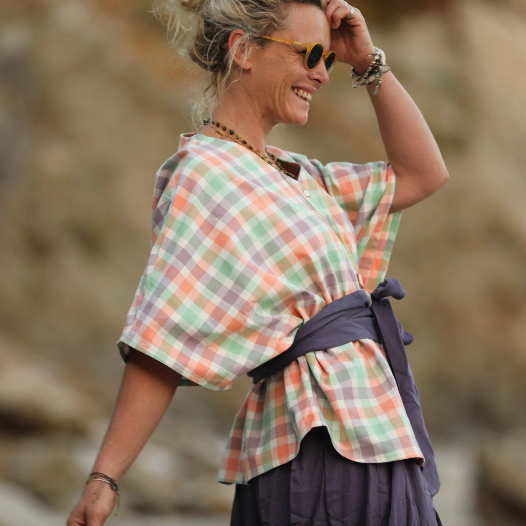 Blouse Yoko - coton carreaux lavande/orange/citron vert - Image 9