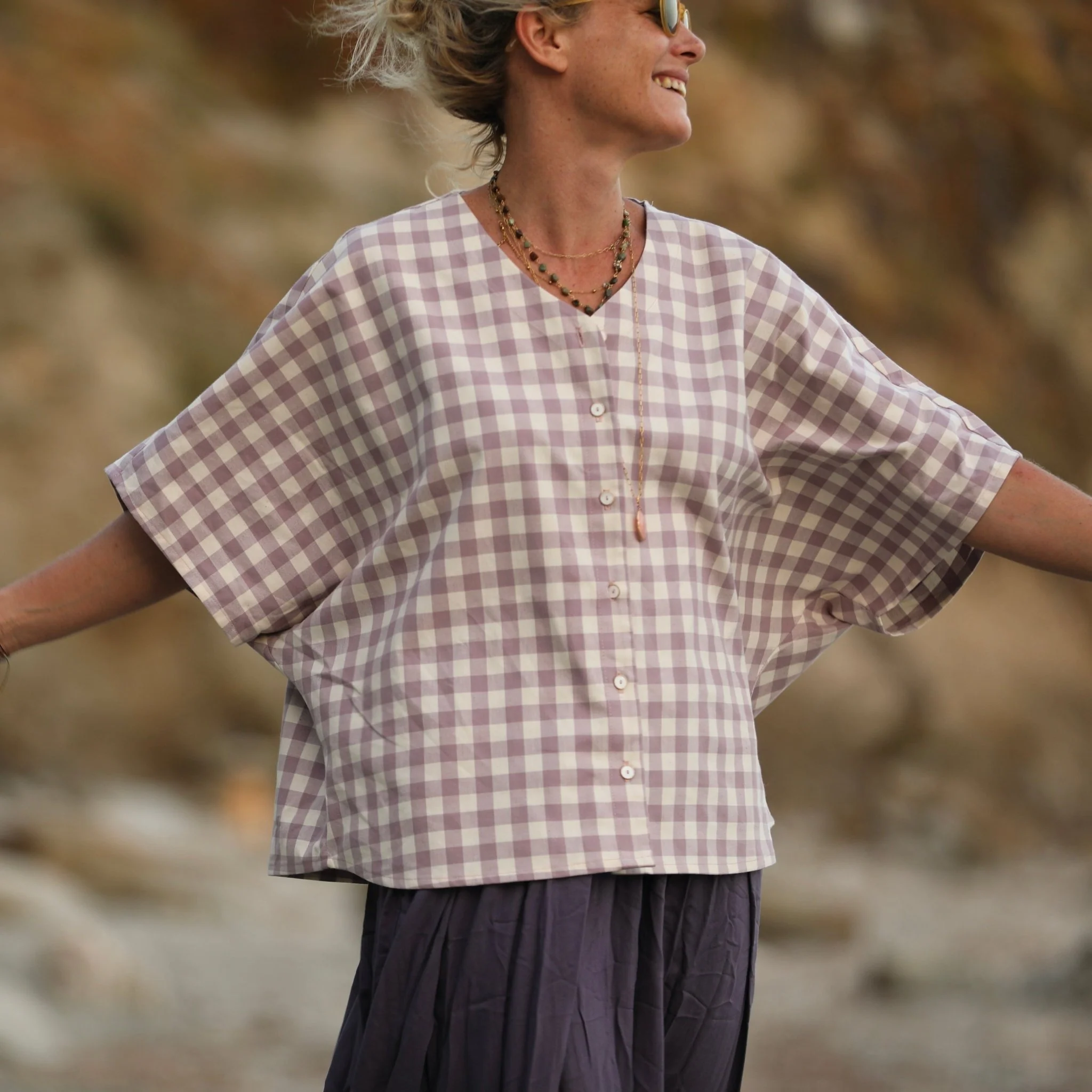 Blouse Yoko - coton carreaux lavande - Image 8