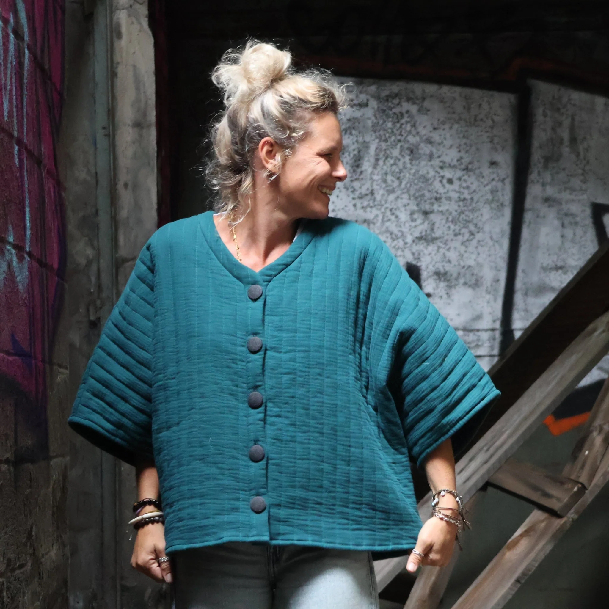 Veste kimono Yoko - double gaze de coton matelassé colvert - Image 8