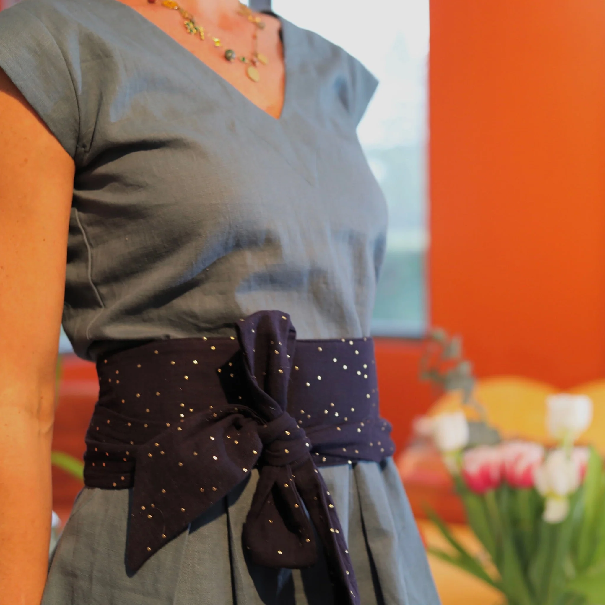 Ceinture Anita double gaze de coton bleu nuit plumetis or