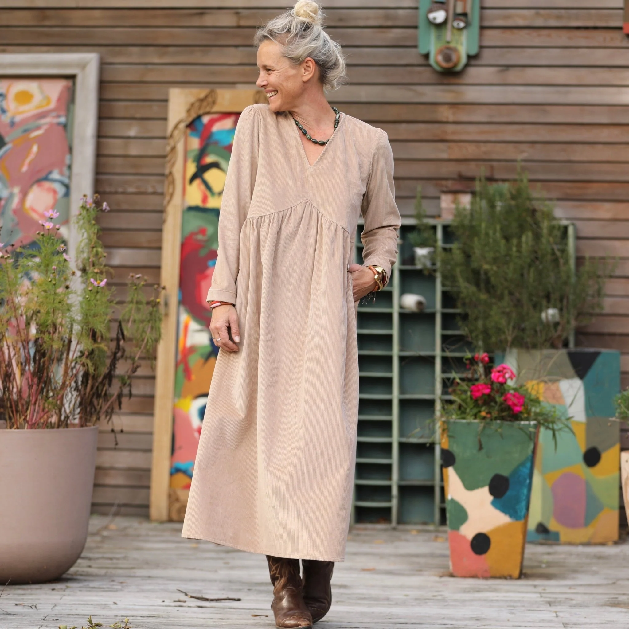 Robe Edonie manches longues - Velours côtelé sable