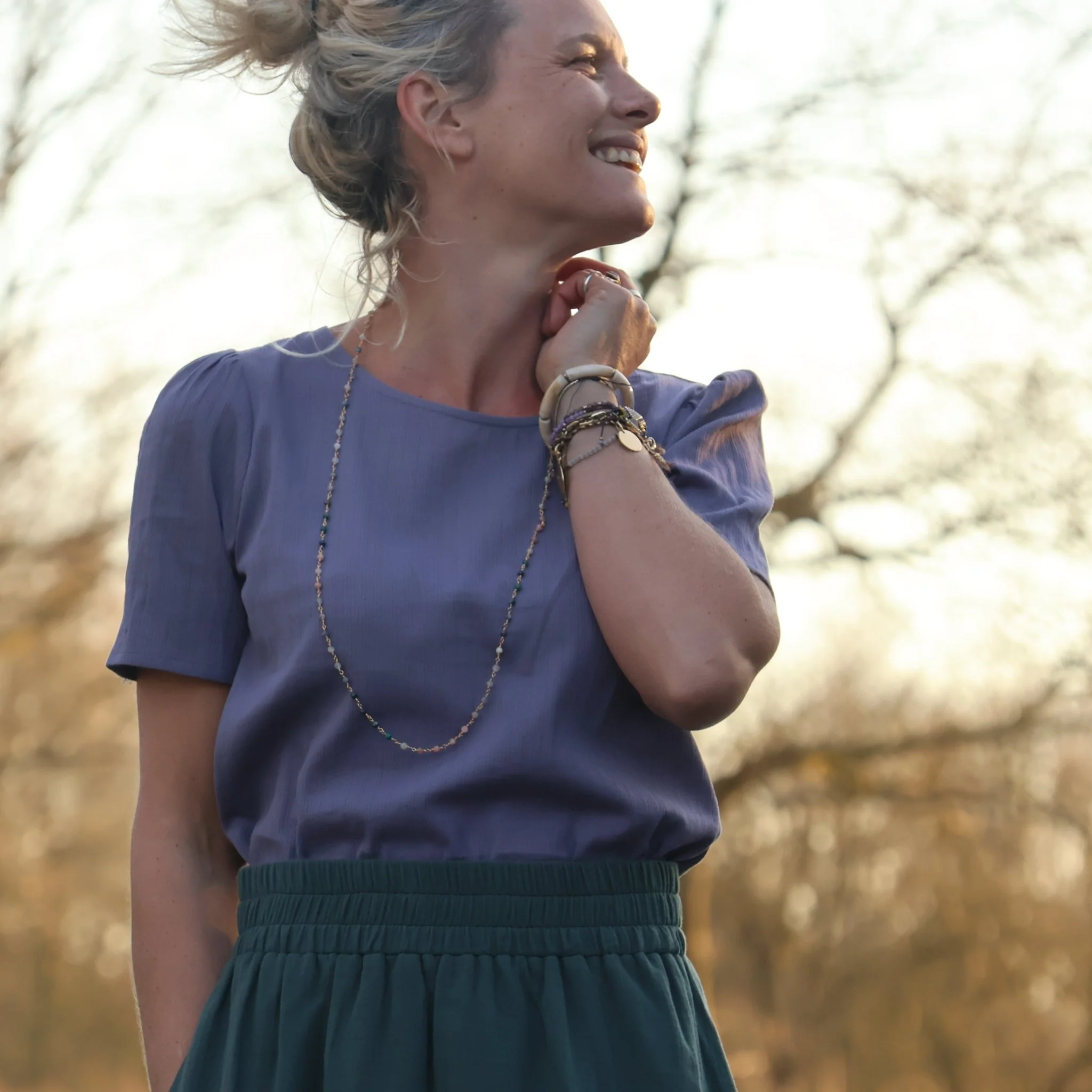 Blouse Eulalie col rond - manches courtes- coton tressé prune - Image 5
