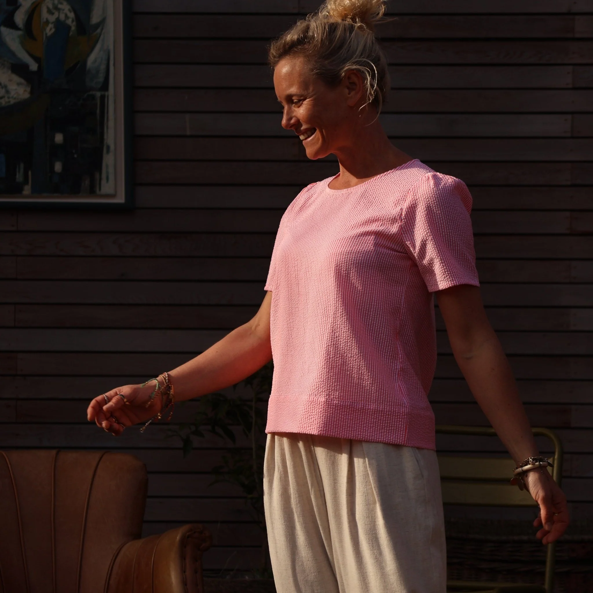 Blouse Eulalie col rond - manches courtes - seersucker rayures orangées - Image 6