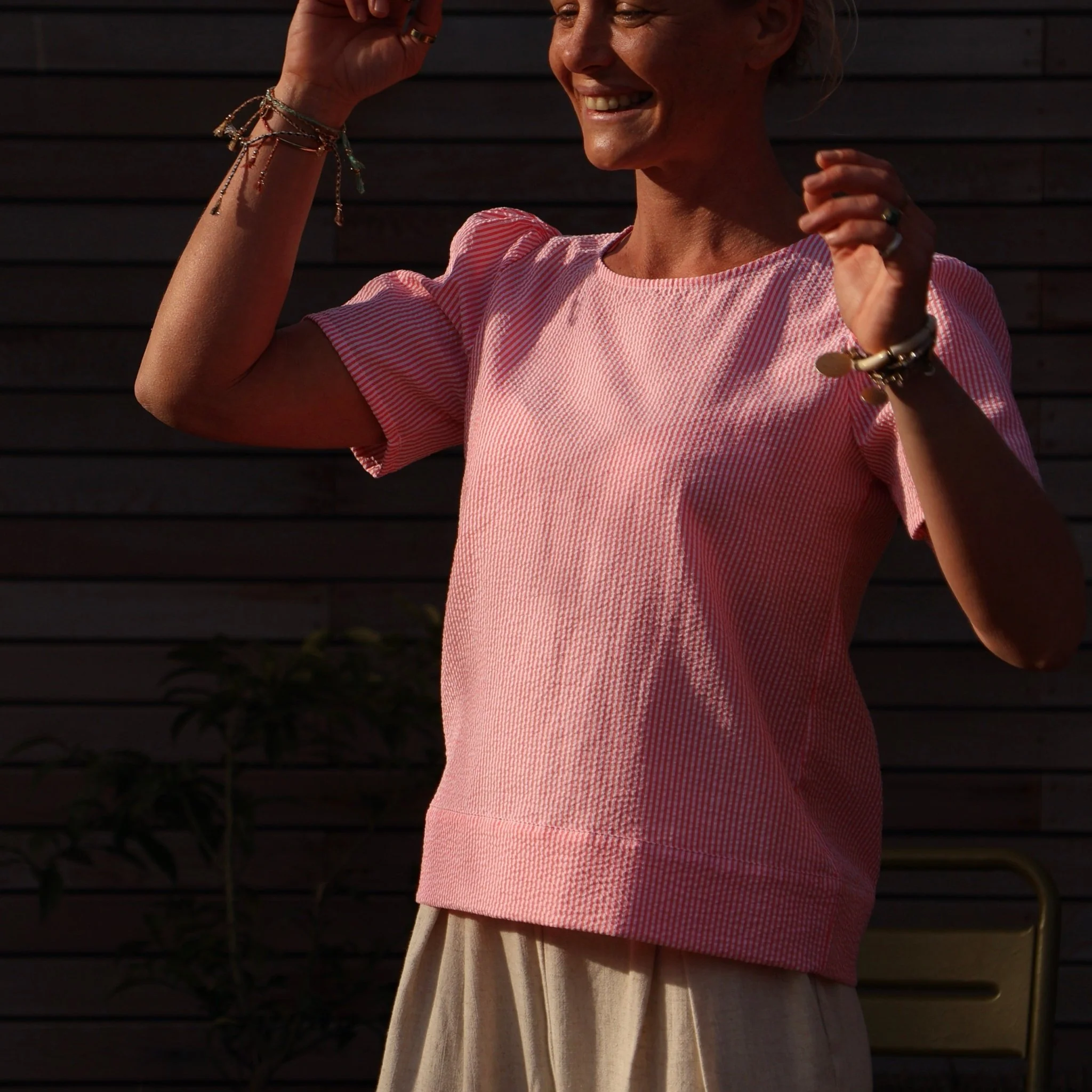 Blouse Eulalie col rond - manches courtes - seersucker rayures orangées - Image 7
