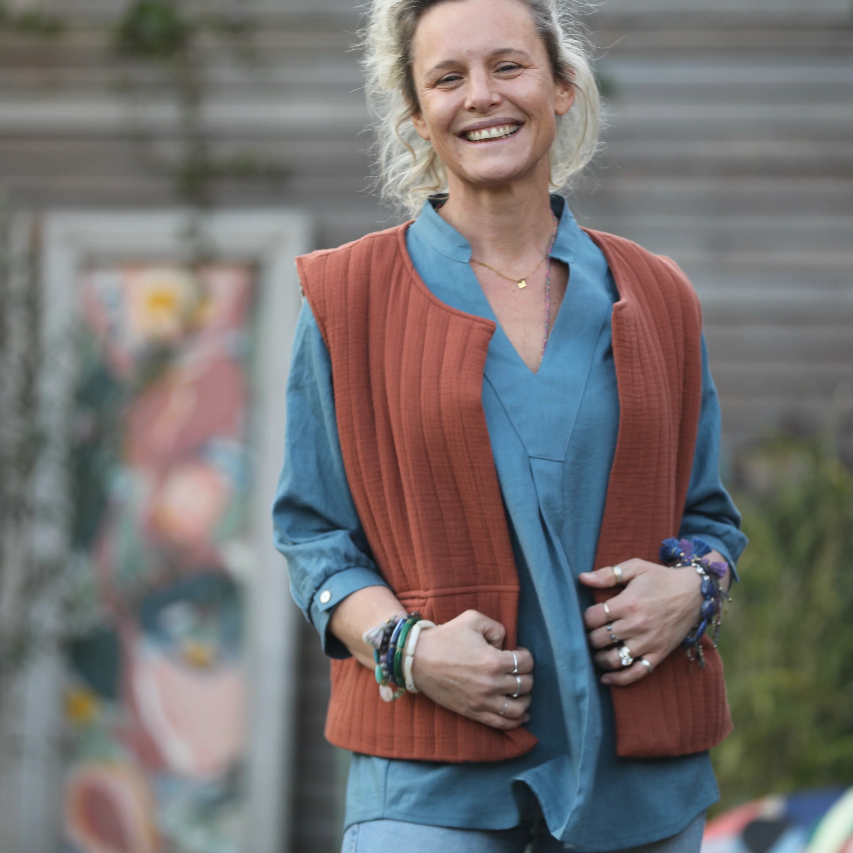 Gilet Basile en double gaze de coton écureuil matelassé/toile de jouy - Image 8