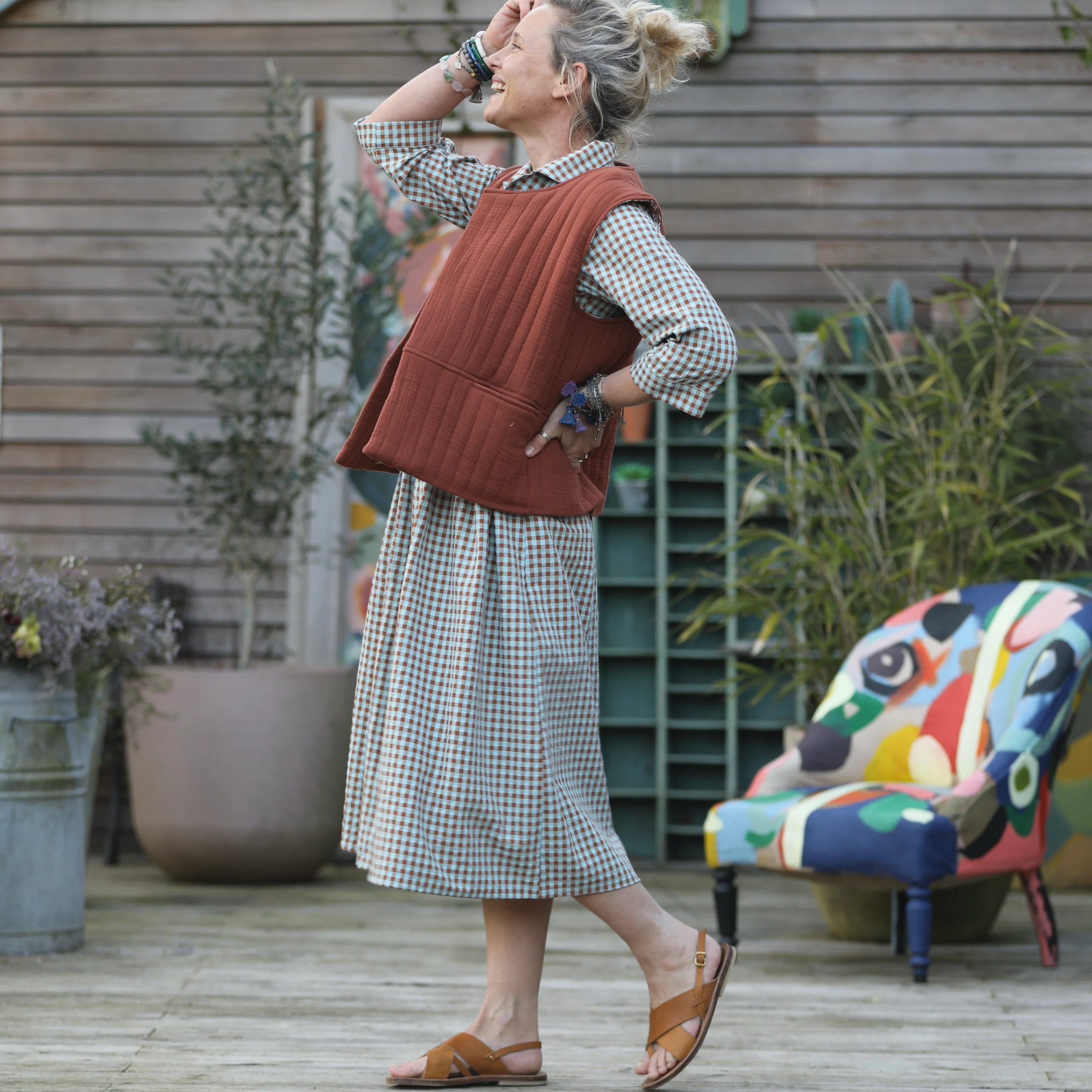 Gilet Basile en double gaze de coton écureuil matelassé/toile de jouy - Image 5