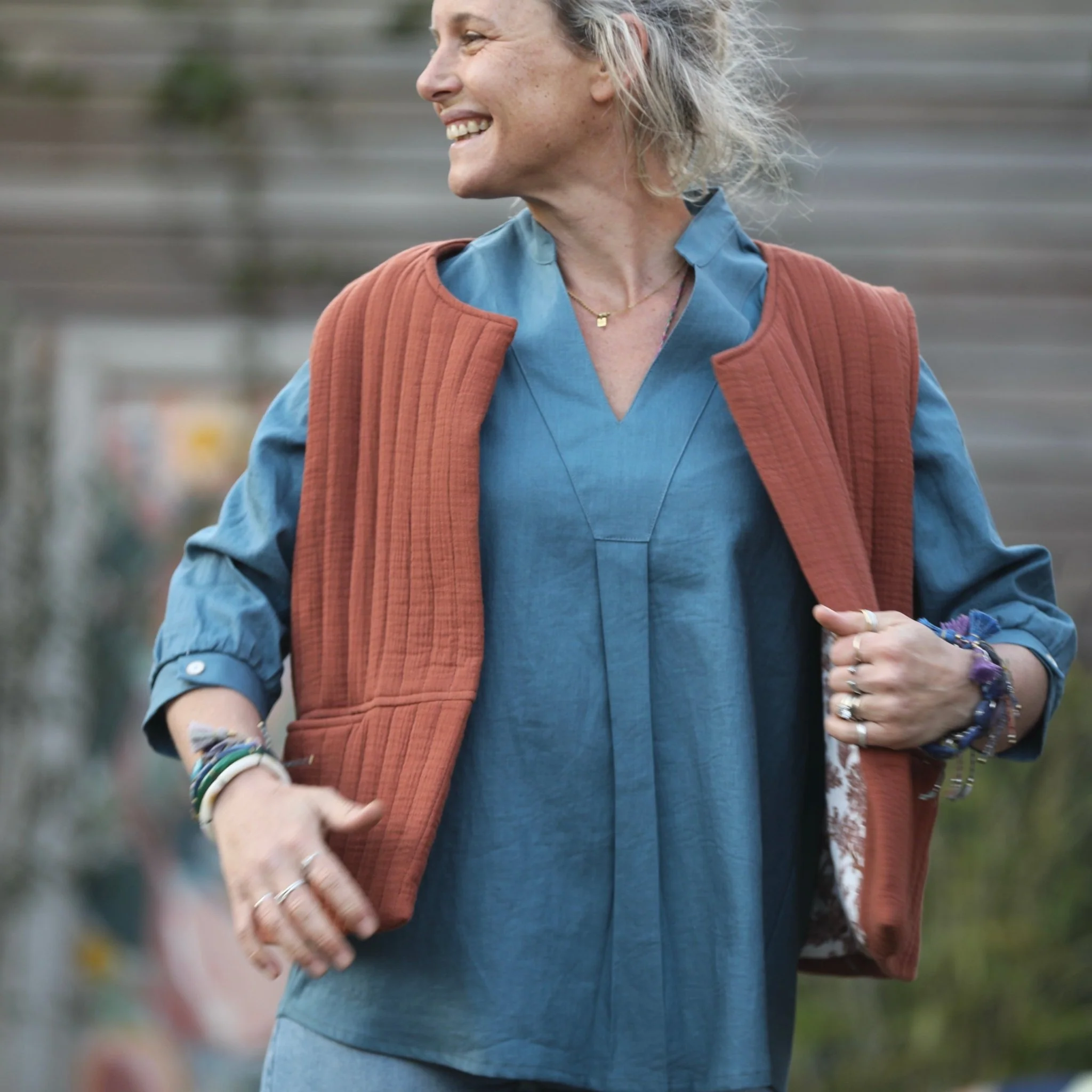 Gilet Basile en double gaze de coton écureuil matelassé/toile de jouy - Image 6