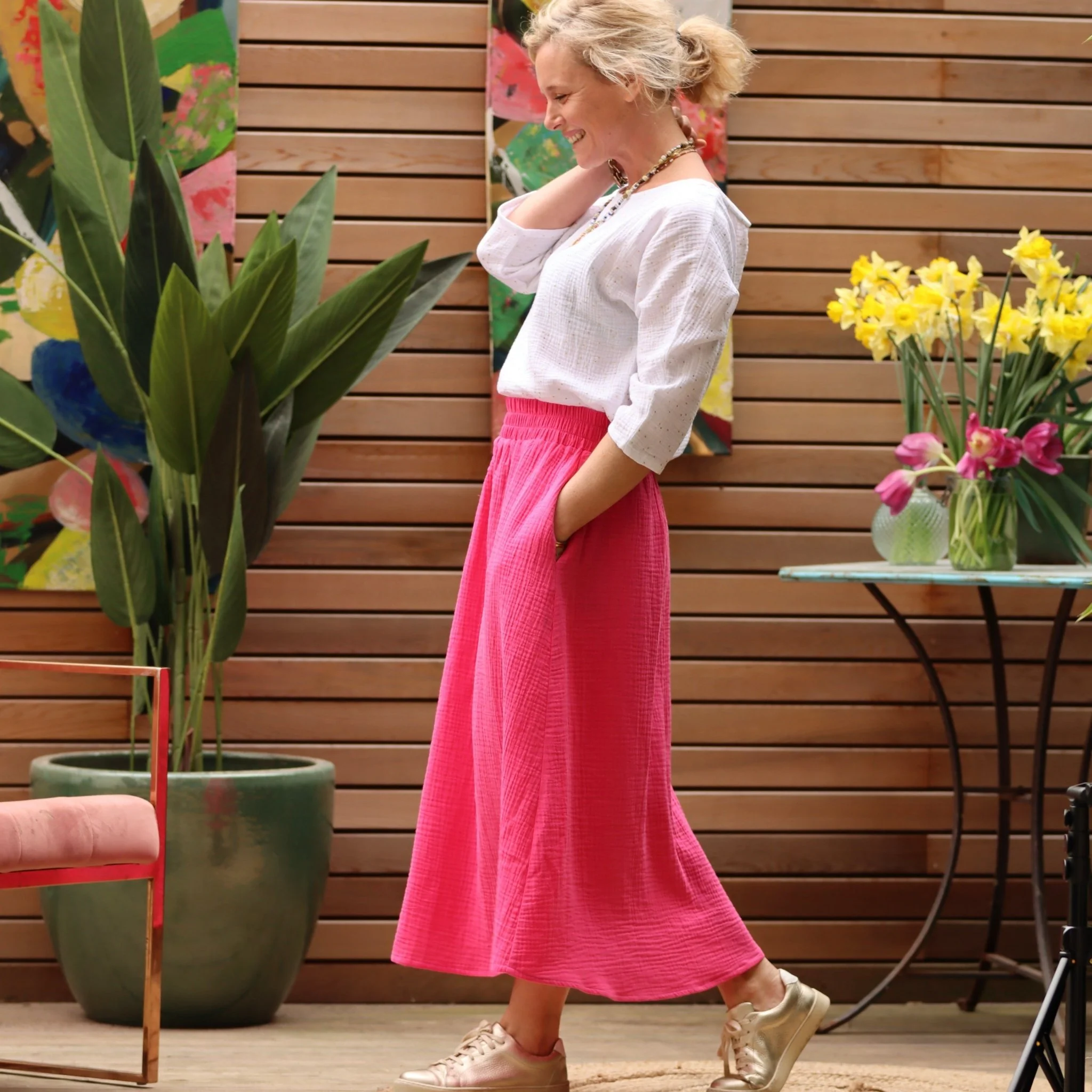 Jupe longue rose fushia gaze de coton Gaïa - Quintessence