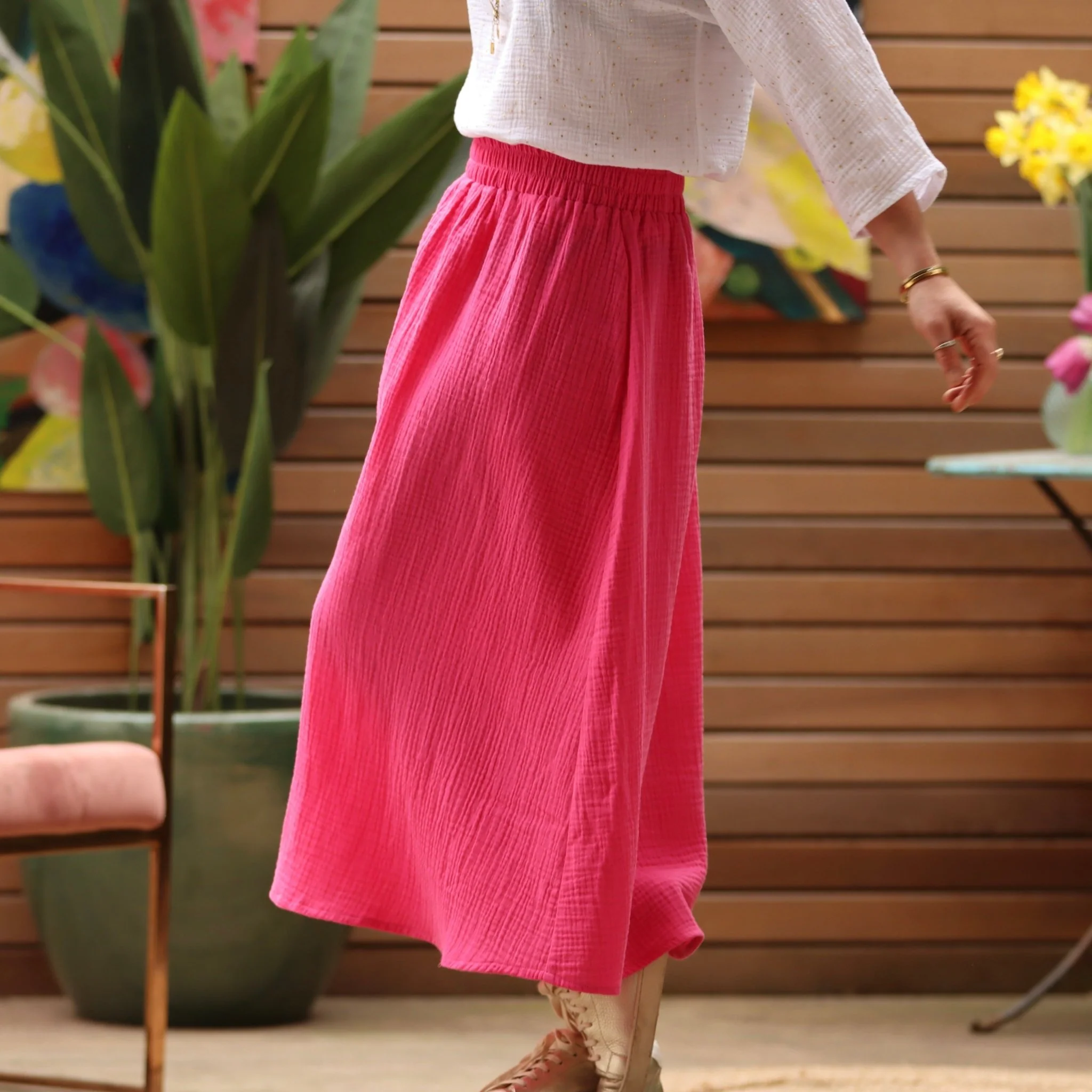 Jupe longue rose fushia gaze de coton Gaïa - Quintessence - Image 10
