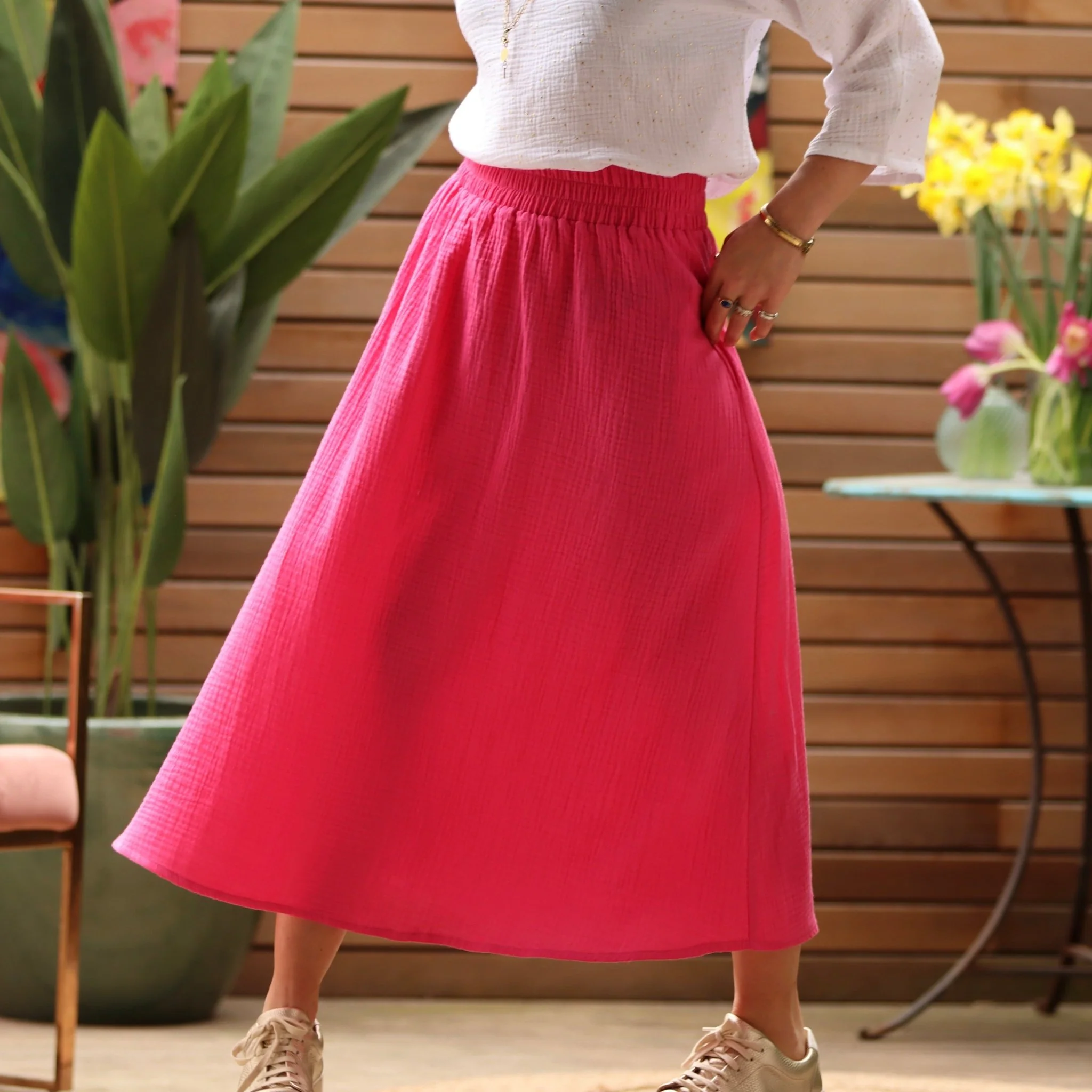 Jupe longue rose fushia gaze de coton Gaïa - Quintessence - Image 11