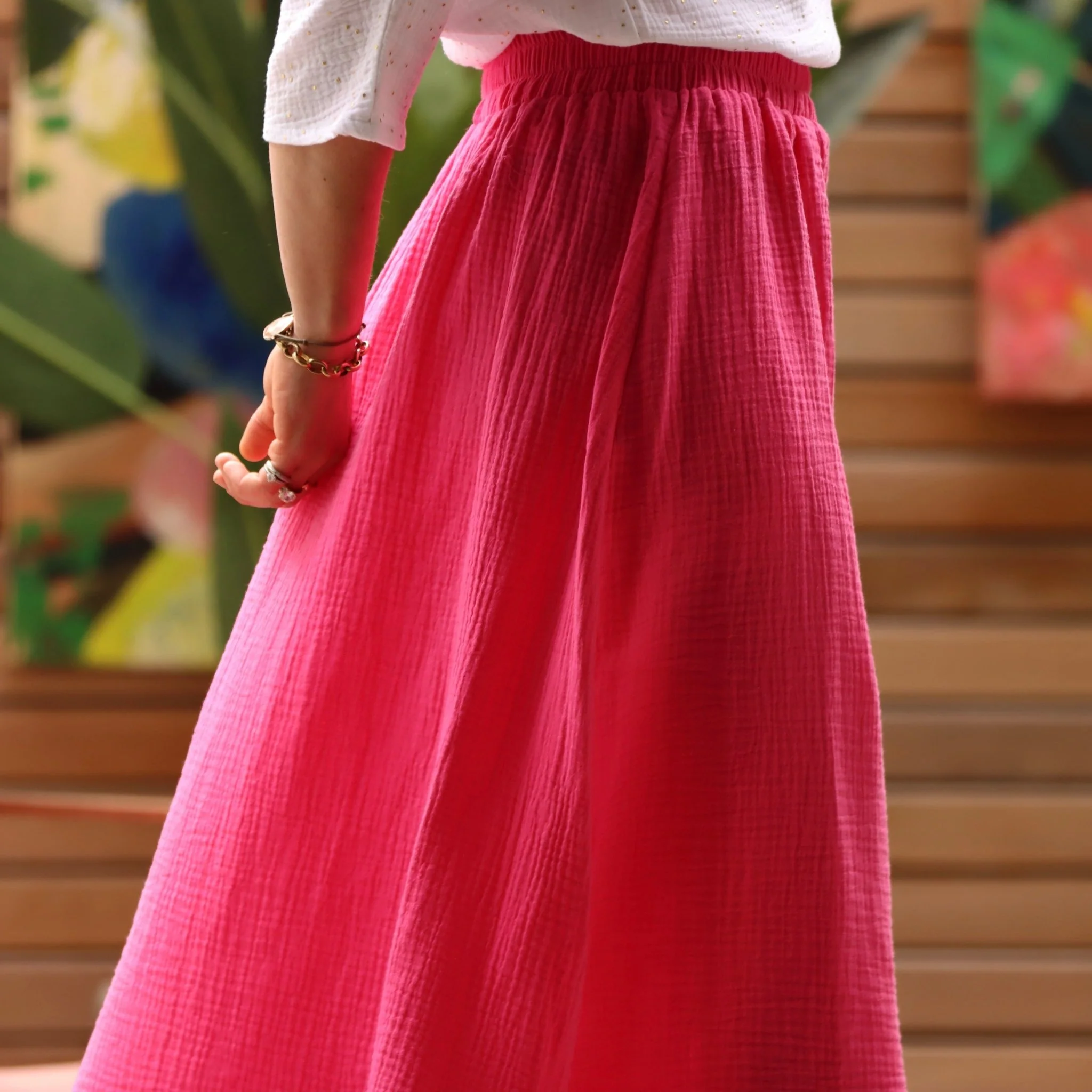 Jupe longue rose fushia gaze de coton Gaïa - Quintessence - Image 13