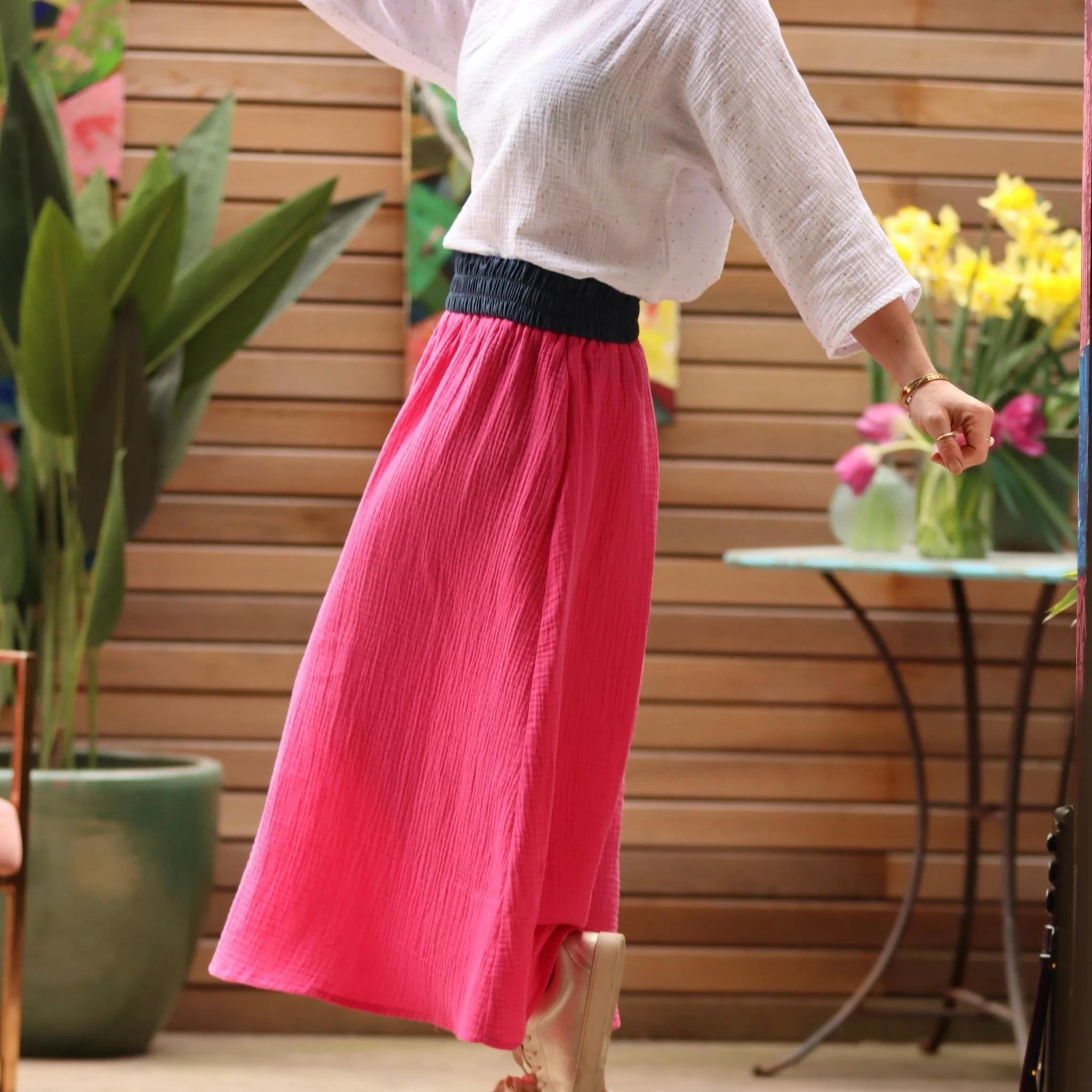 Jupe longue rose fushia gaze de coton Gaïa - Quintessence - Image 14