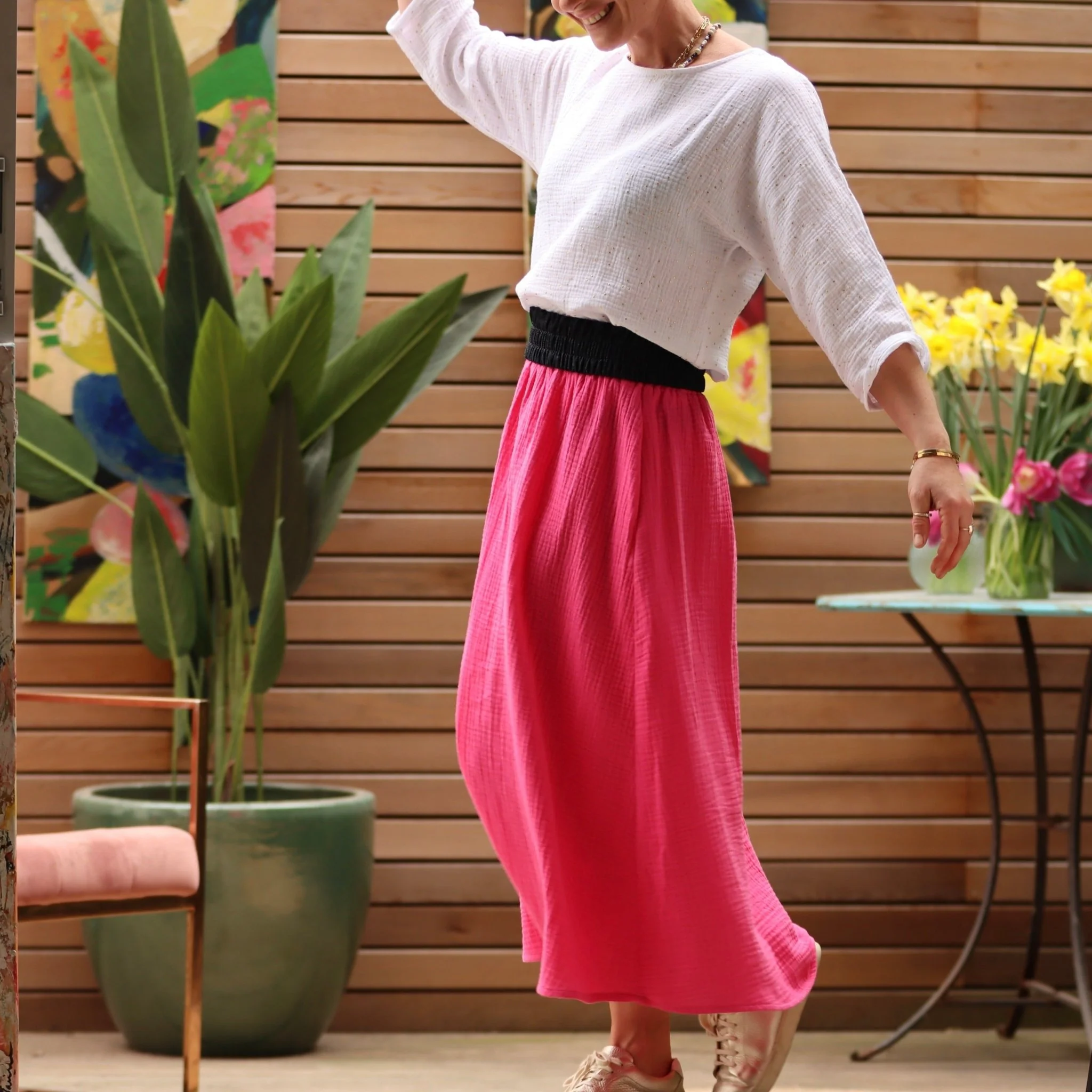Jupe longue rose fushia gaze de coton Gaïa - Quintessence - Image 9