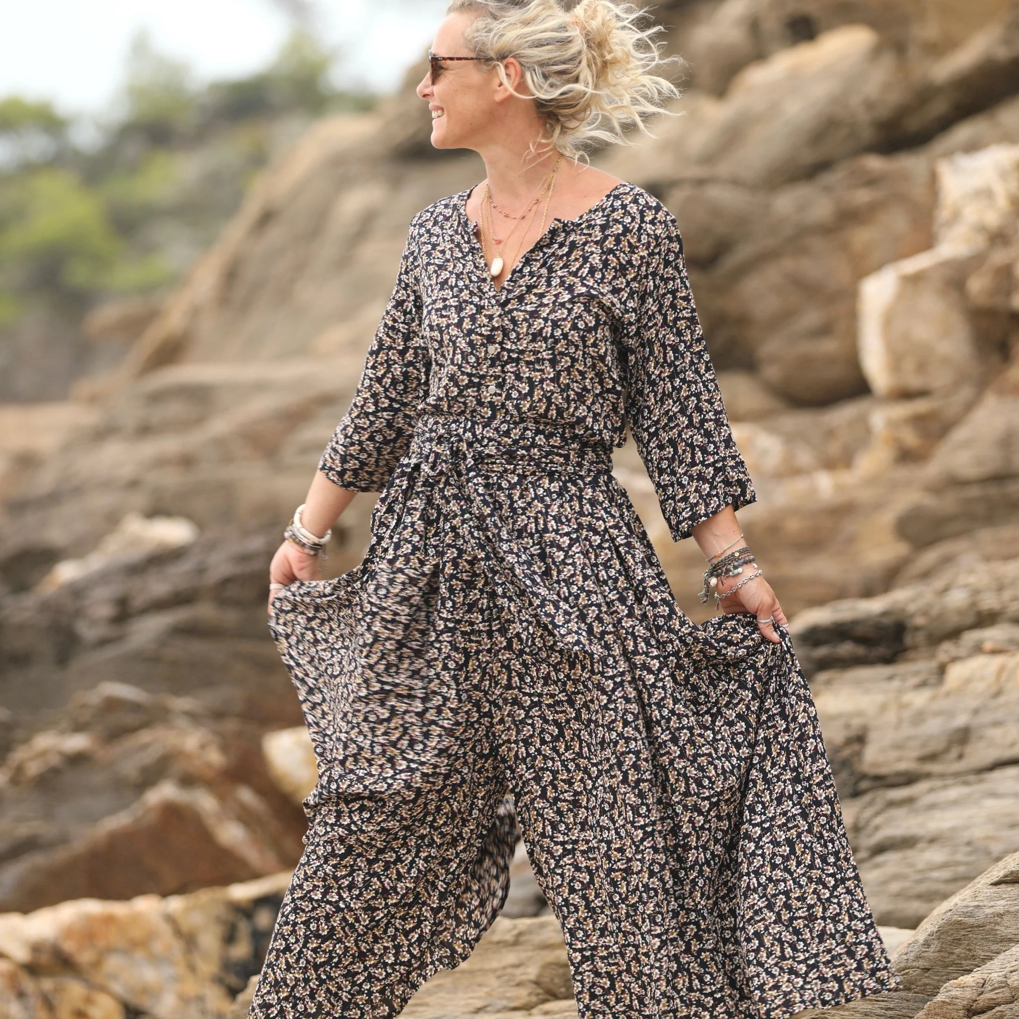La combi India manches 3/4 en viscose fleurs de nuit - Image 12