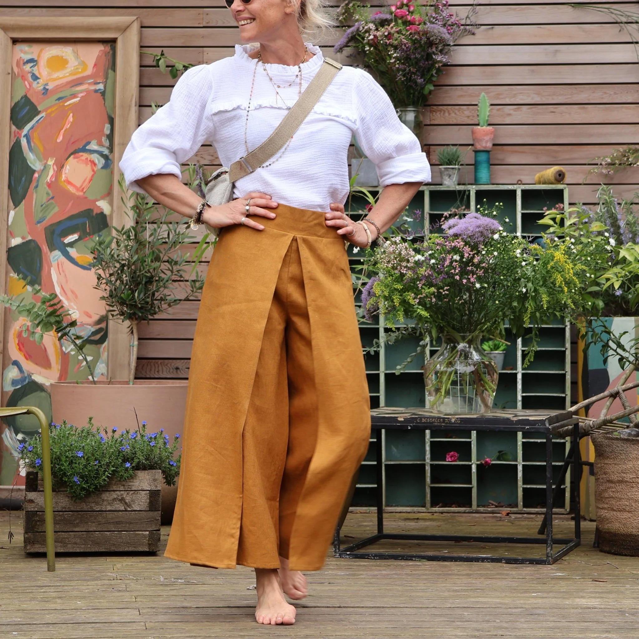 Pantalon drapé Mathilde - lin ocre - Image 6