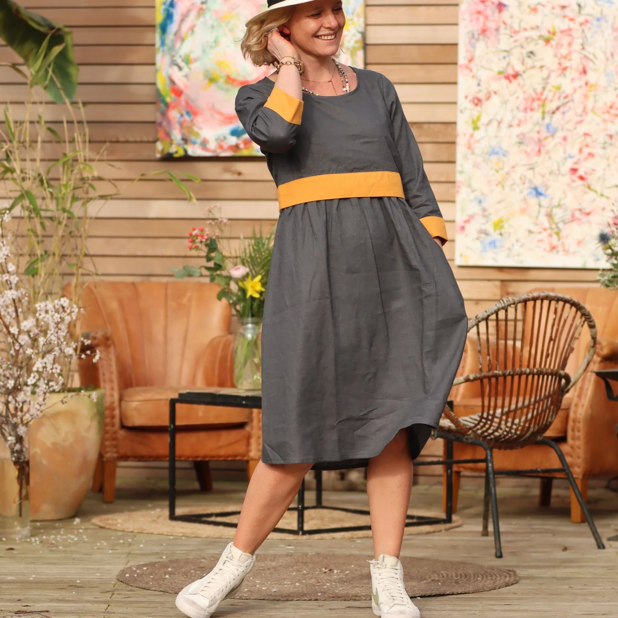 Robe Alix - lin gris ardoise/ocre - Image 7