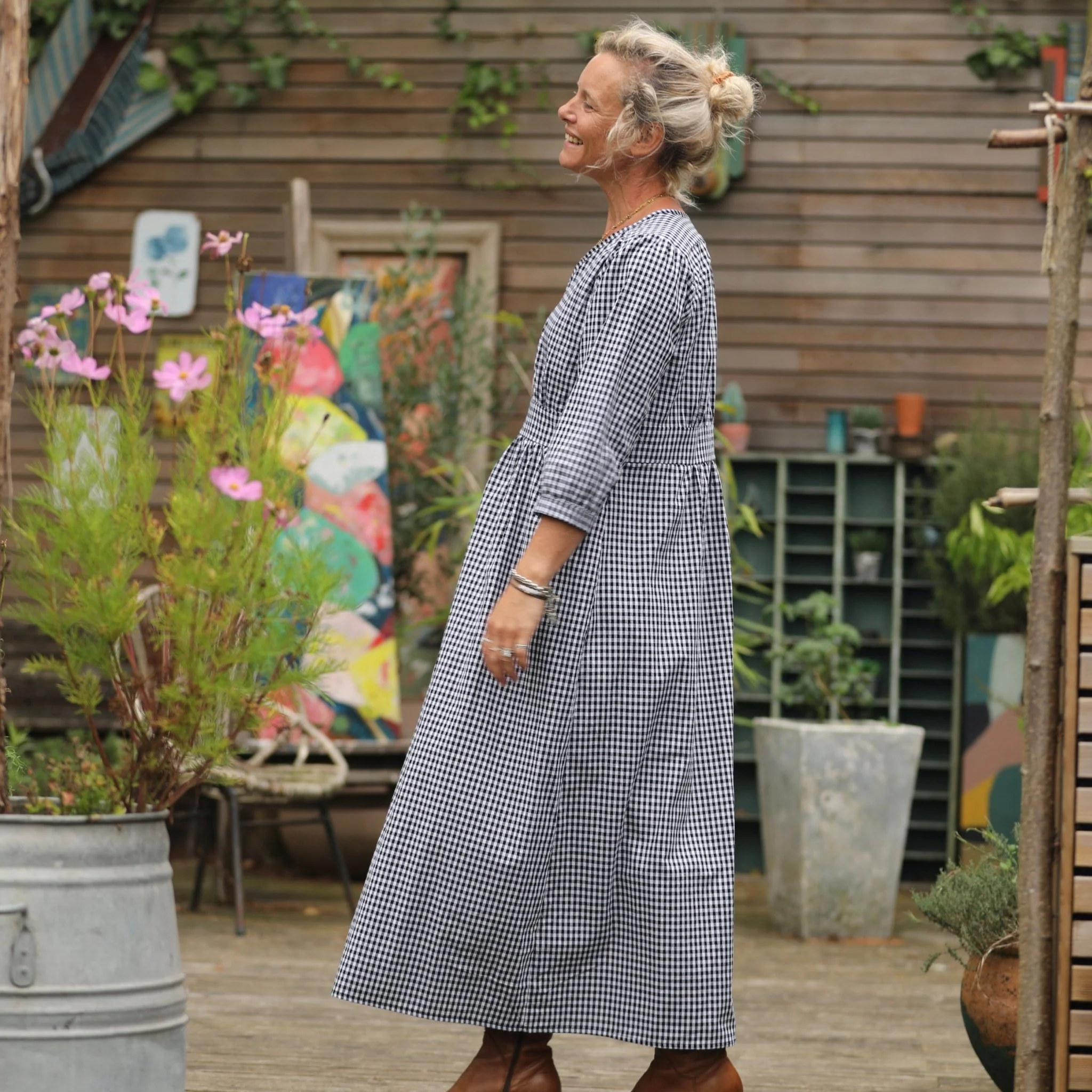 Robe Clara manches 3/4 - coton vichy noir/blanc - Image 9