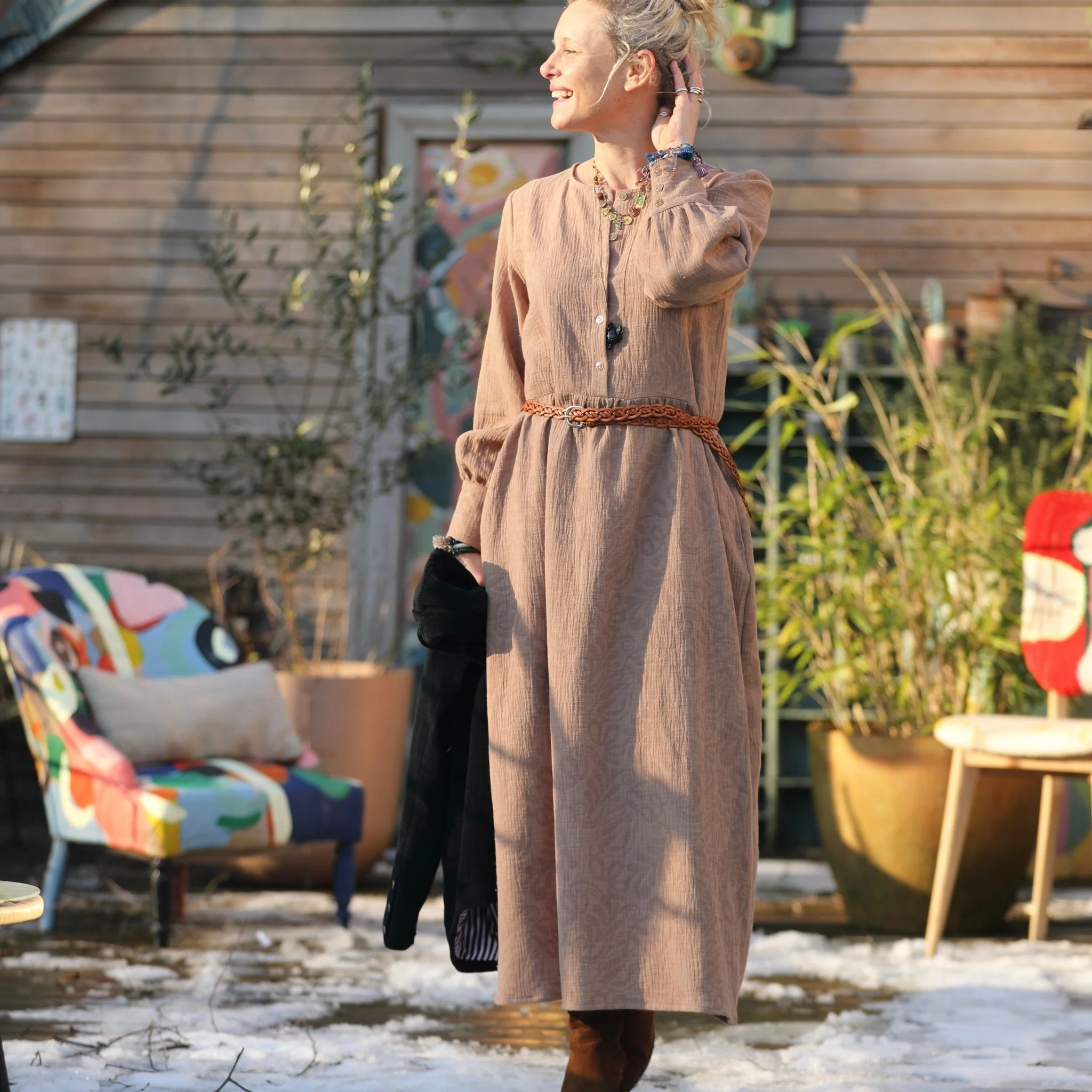 Robe Isis - jacquard coton/lin fleuri camel - Image 6