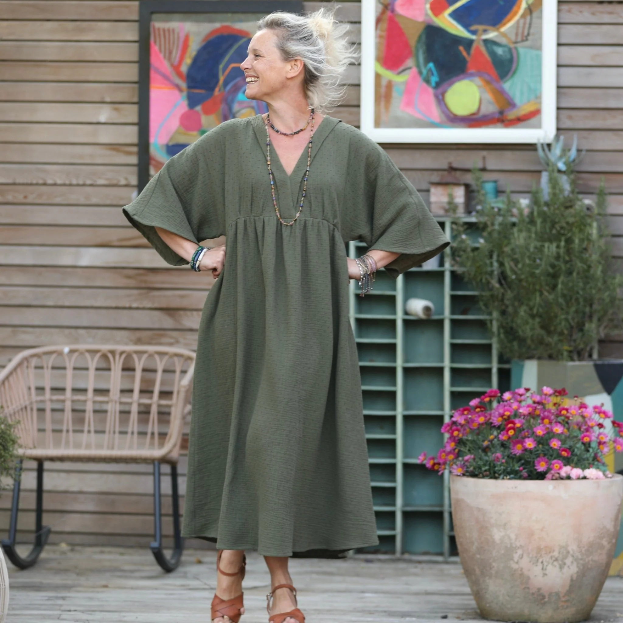 Robe Kalaya - double gaze de coton plumetis vert kaki