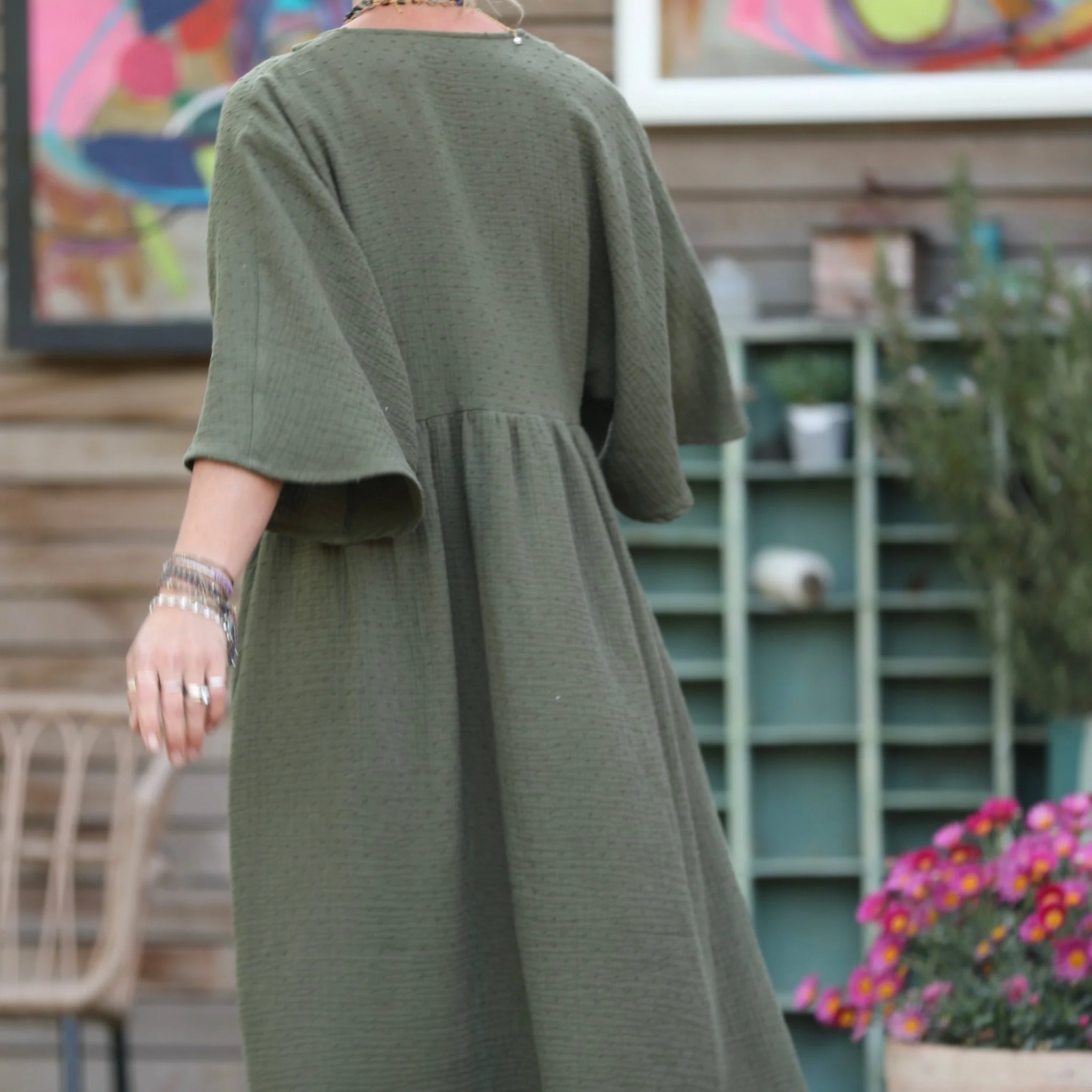 Robe Kalaya - double gaze de coton plumetis vert kaki - Image 3