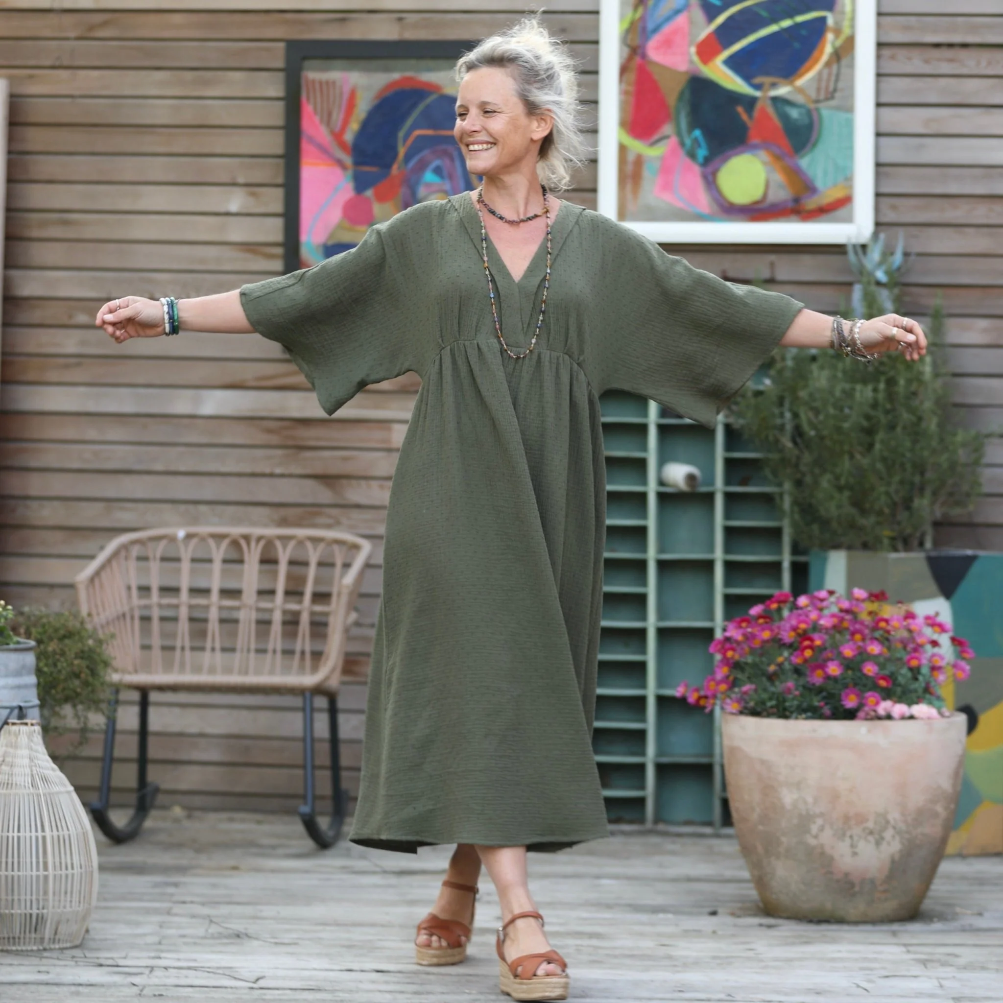 Robe Kalaya - double gaze de coton plumetis vert kaki - Image 4