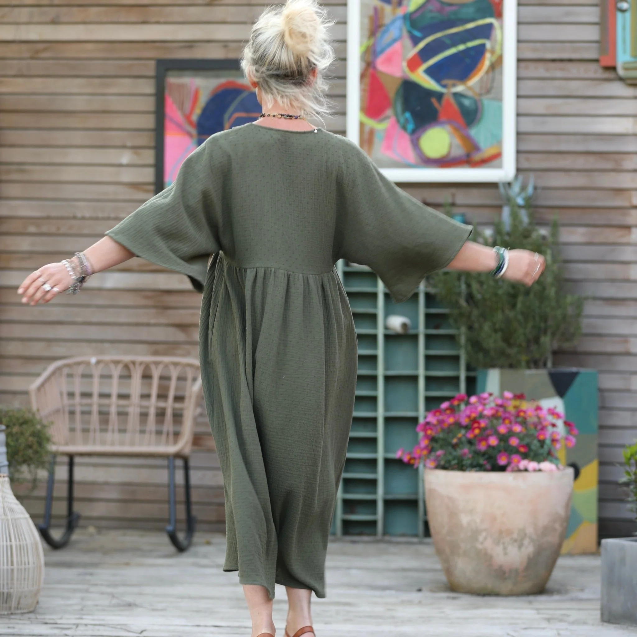 Robe Kalaya - double gaze de coton plumetis vert kaki - Image 6