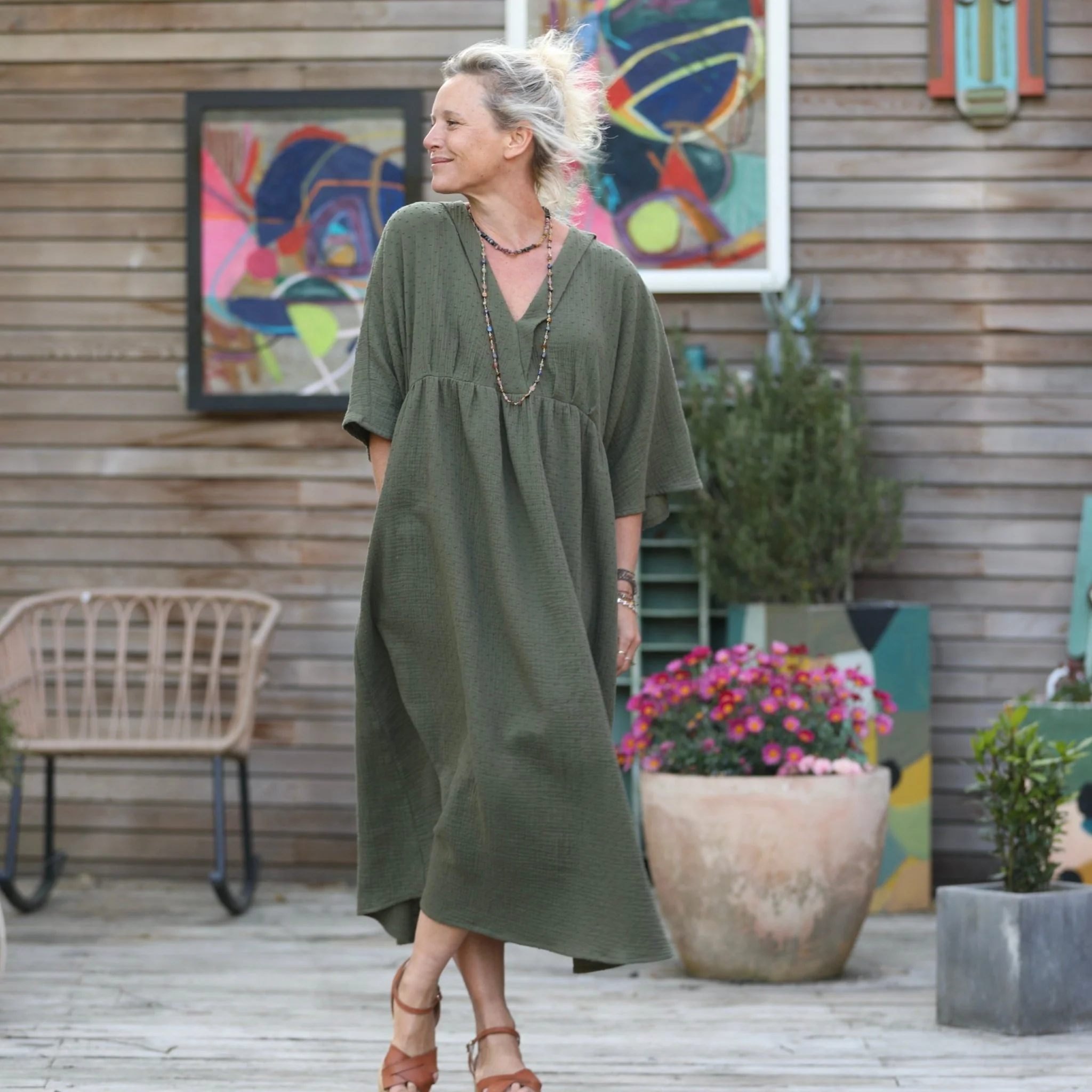 Robe Kalaya - double gaze de coton plumetis vert kaki - Image 7