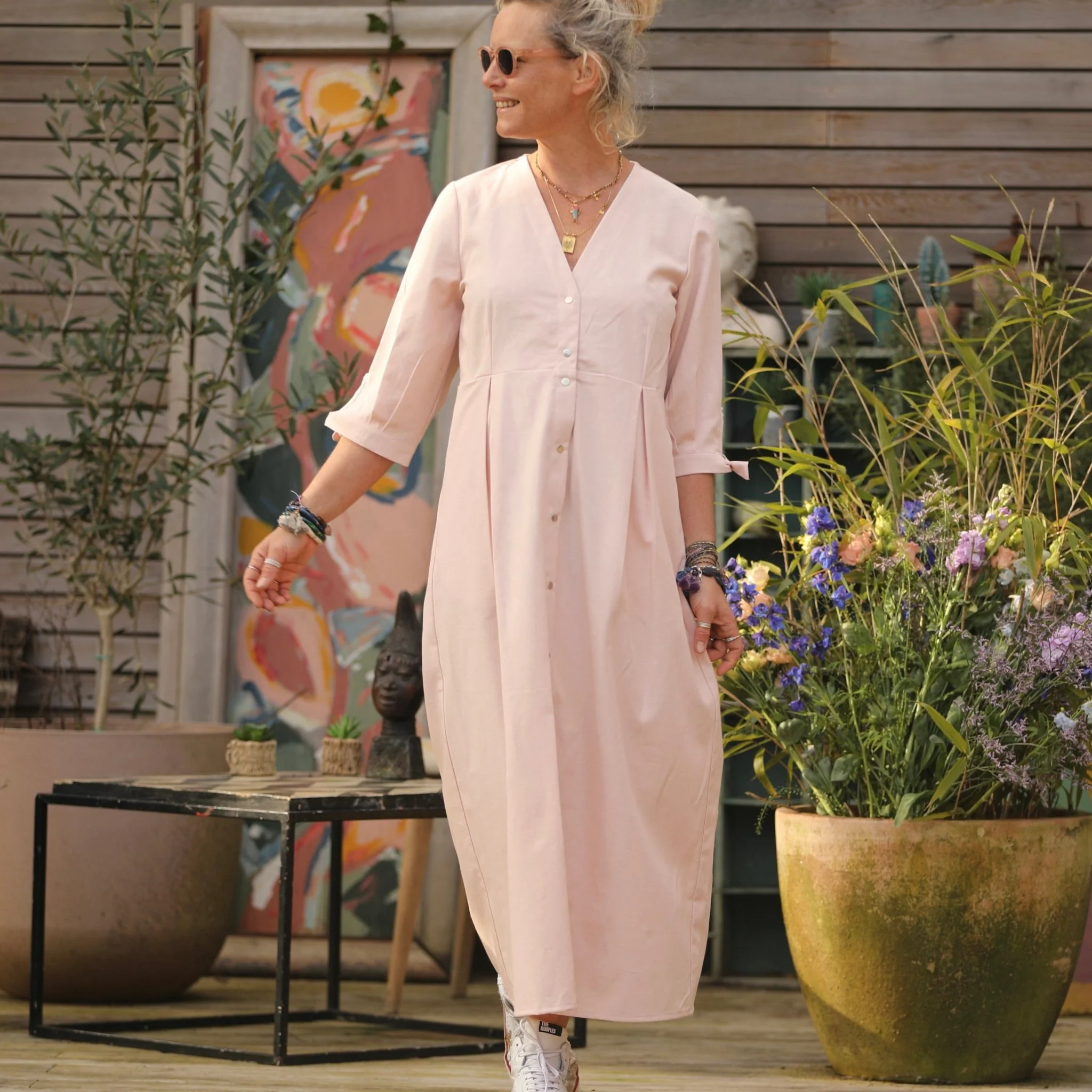 Robe Ryme - joli armuré  de coton rose pâle chiné