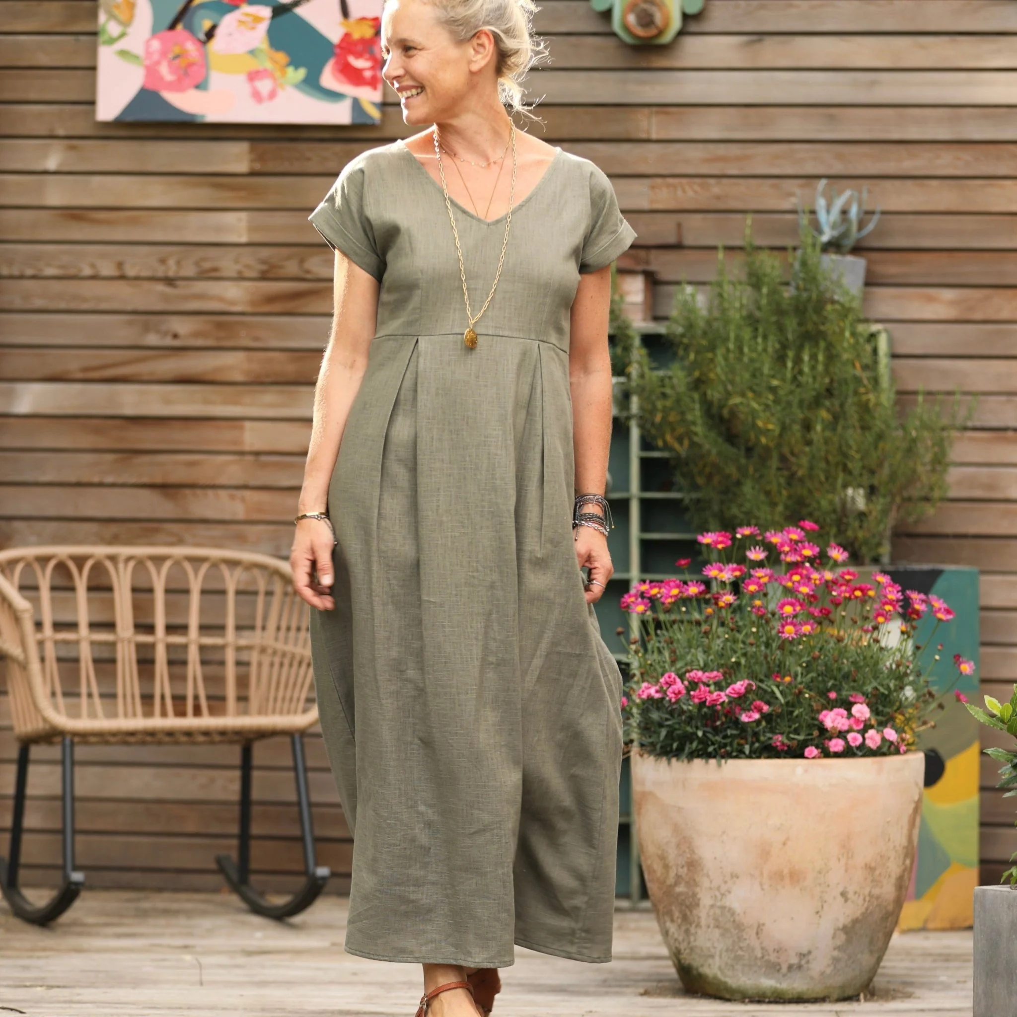Robe longue Siloé – 100 % lin vert kaki | Confection française – Quintessence
