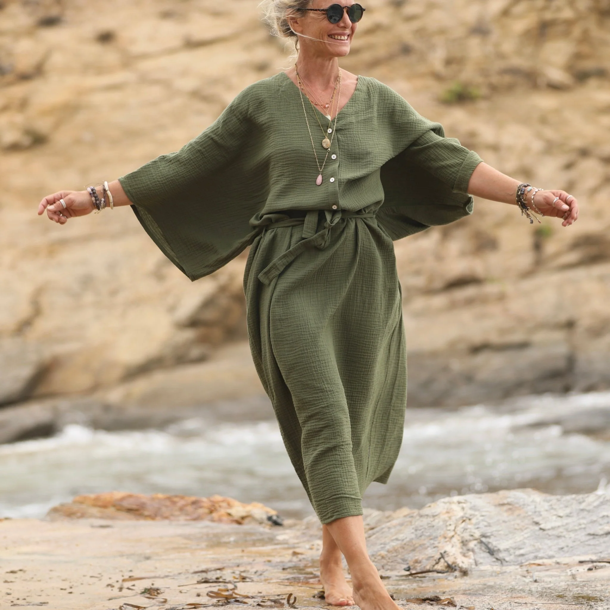 Robe Xiou double gaze de coton vert army - Image 5
