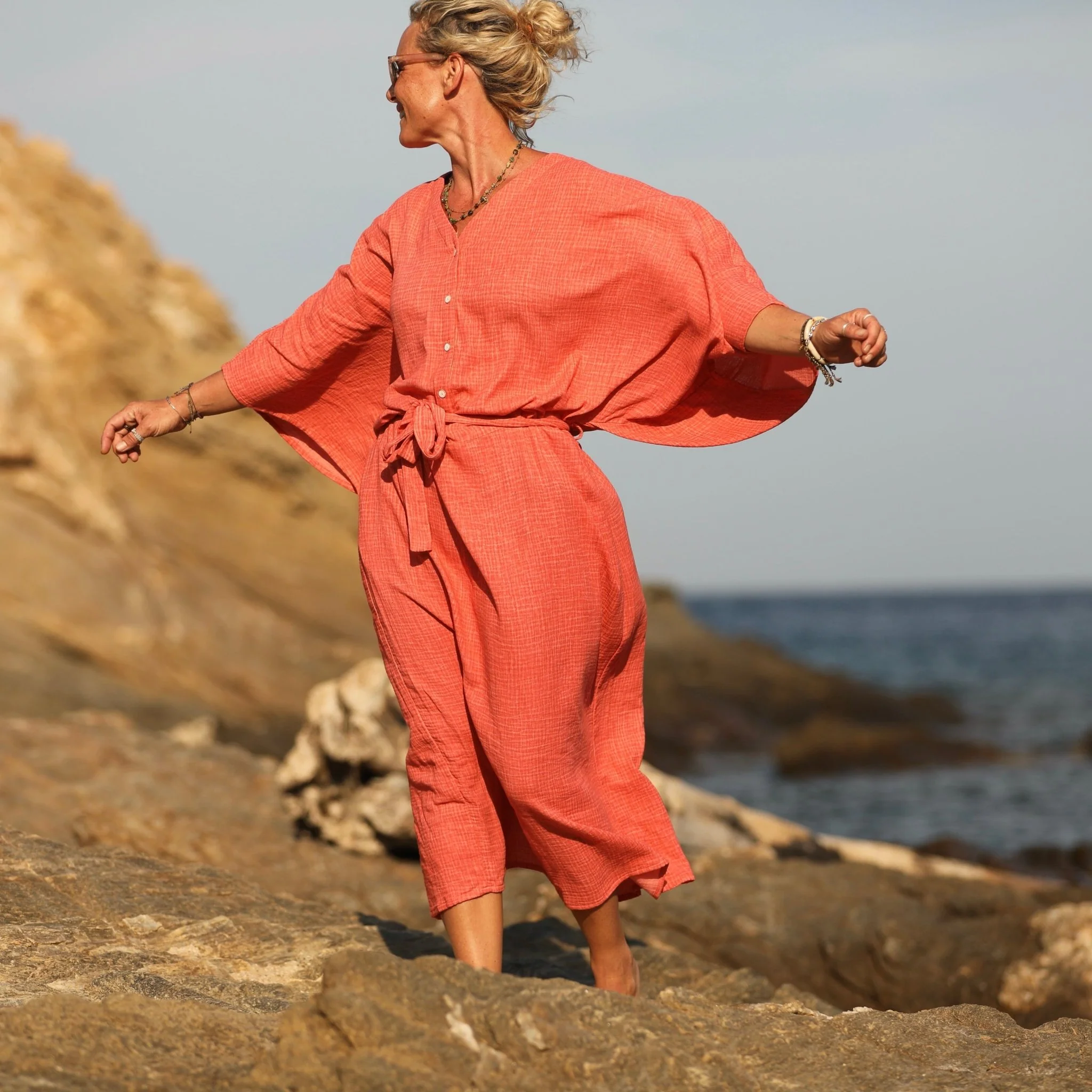 Robe Xiou double gaze de coton orange délavé