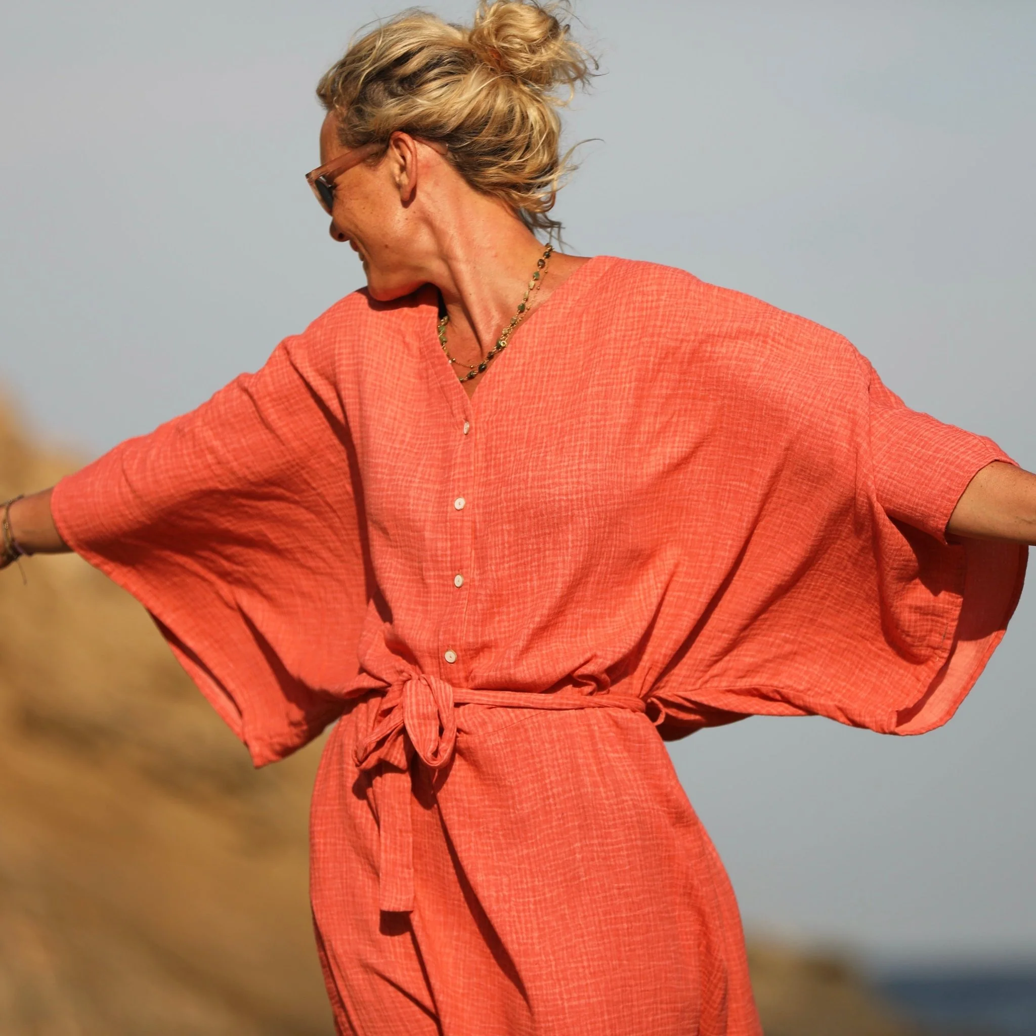 Robe Xiou double gaze de coton orange délavé - Image 4