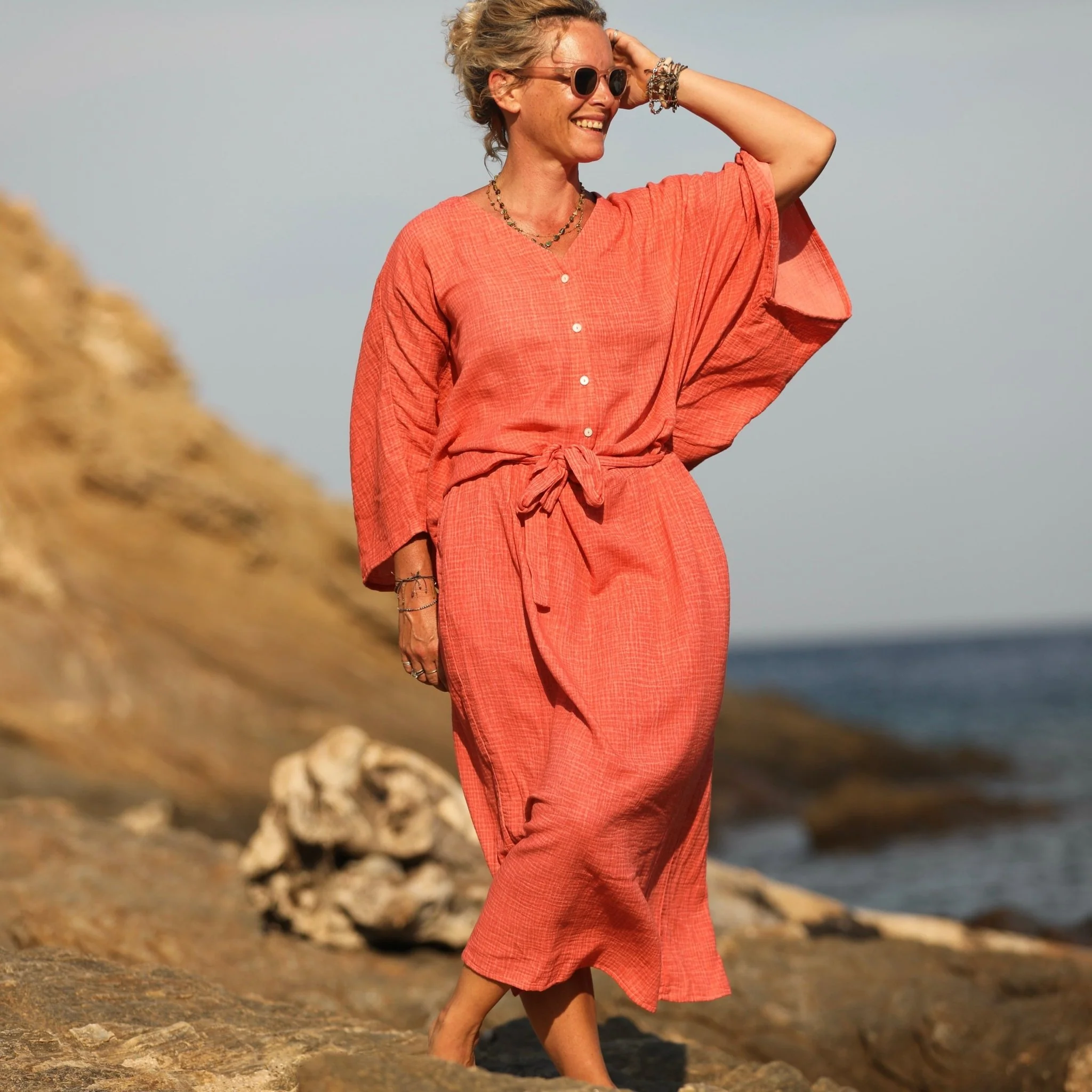 Robe Xiou double gaze de coton orange délavé - Image 7