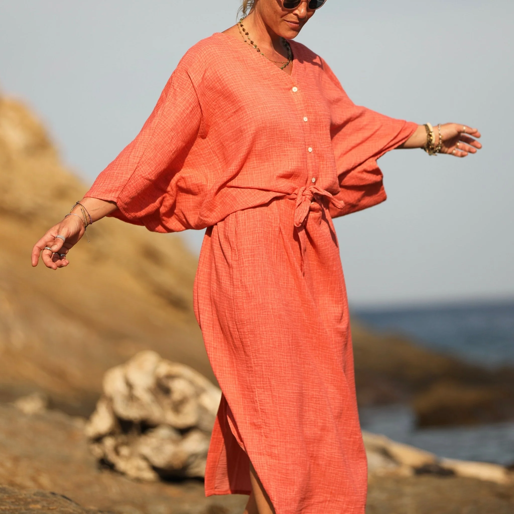 Robe Xiou double gaze de coton orange délavé - Image 9