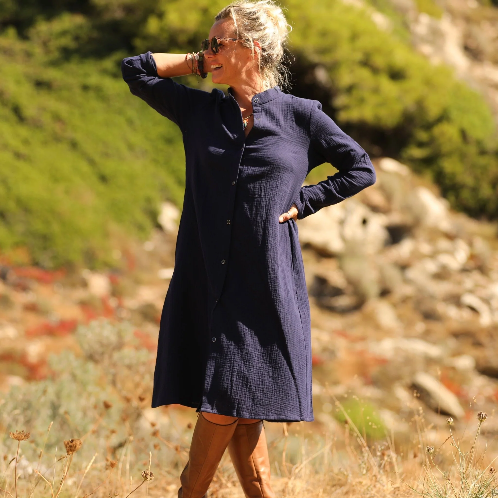 Robe Yuna - Double gaze de coton bleu nuit