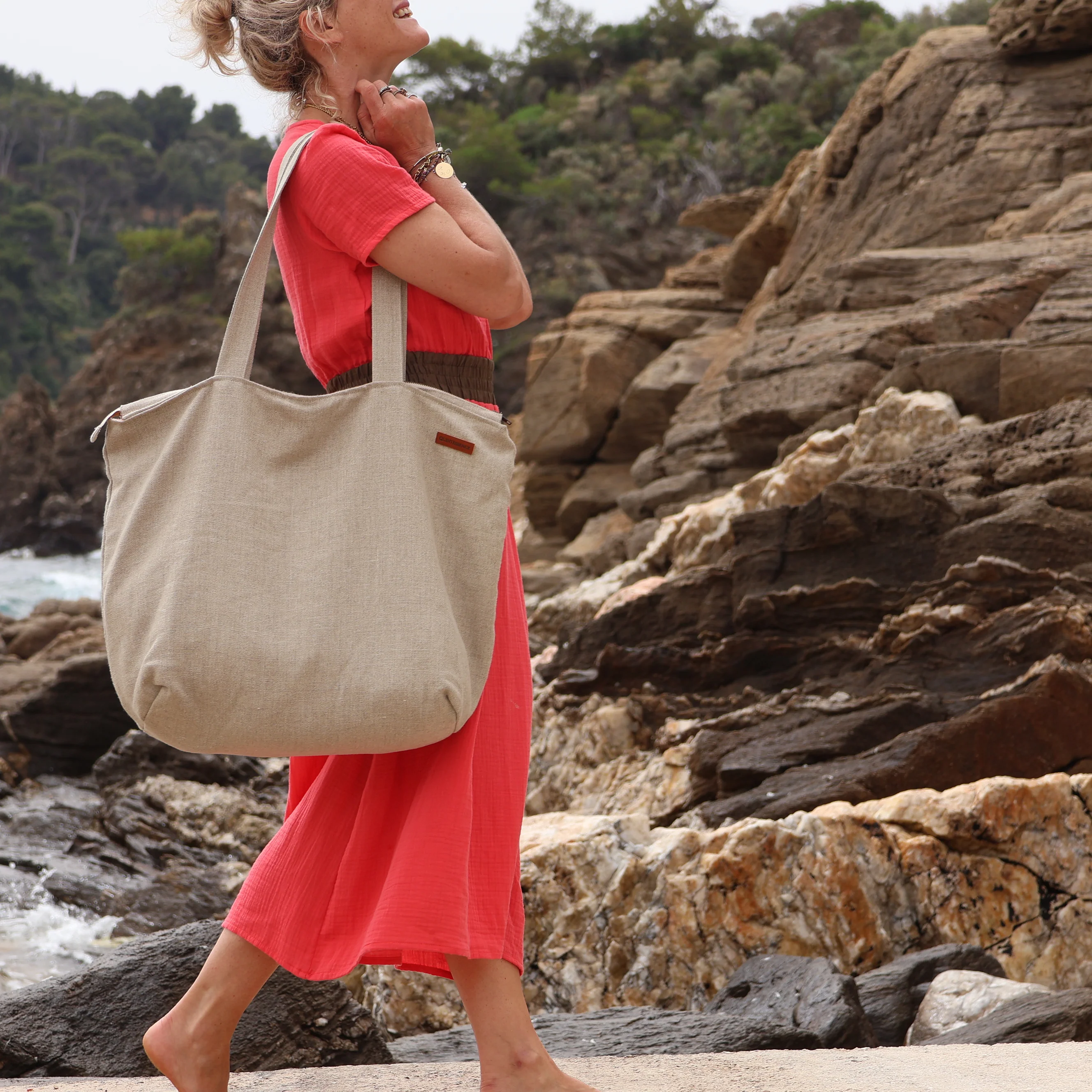 Sac Alfred en lin naturel - doublure en lin rouge - Image 4